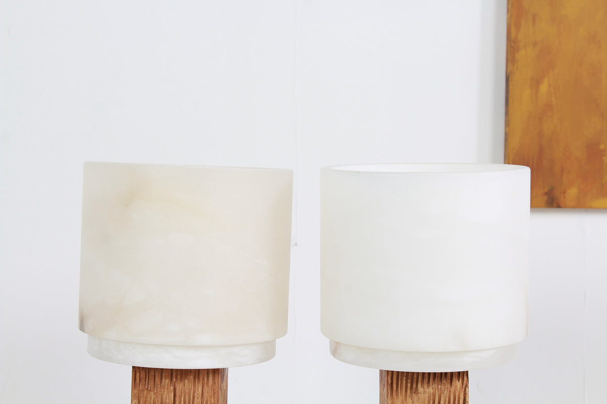 Spanish Modernist Designer Alabaster and Chesnut Table Lamps