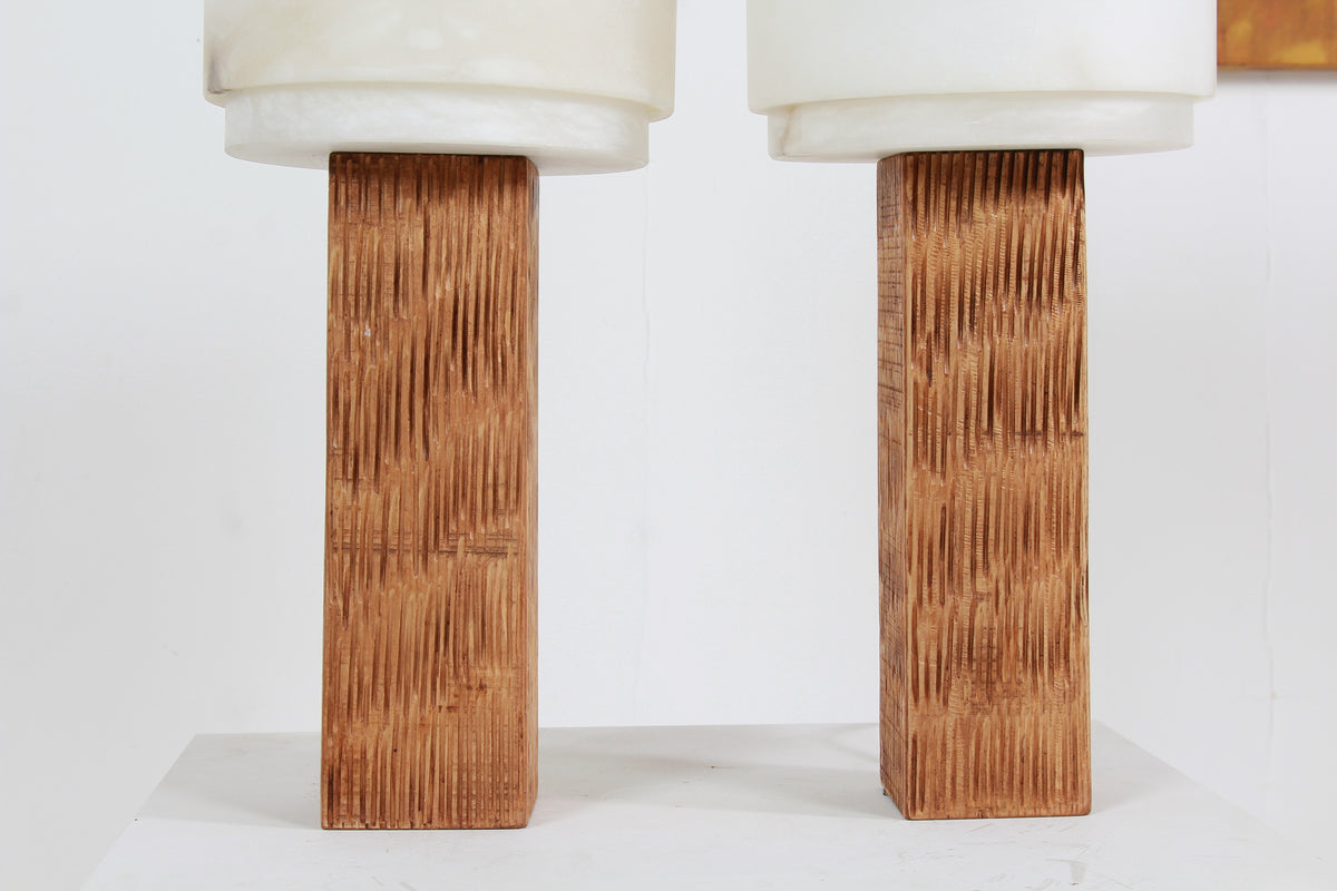 Spanish Modernist Designer Alabaster and Chesnut Table Lamps