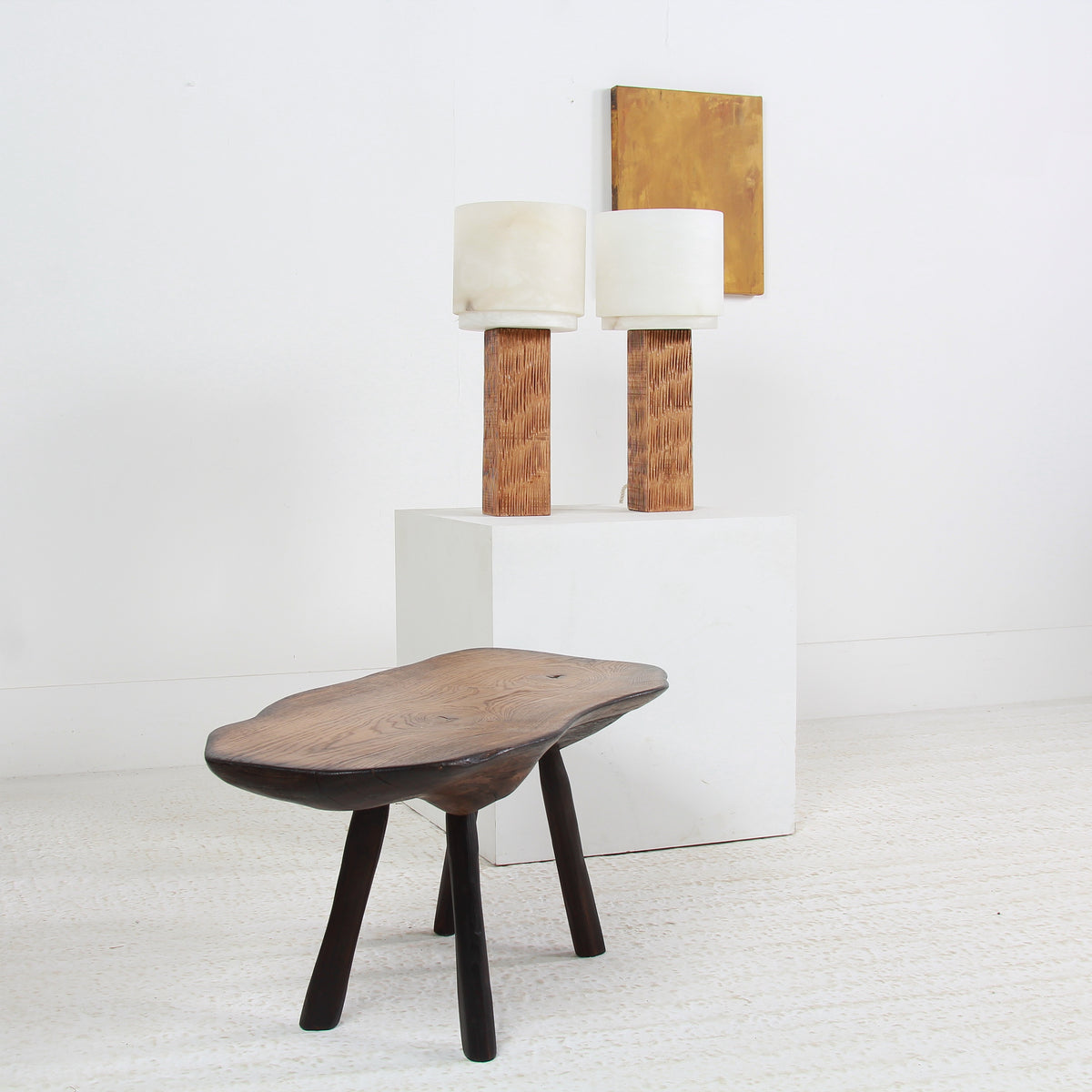 Spanish Modernist Designer Alabaster and Chesnut Table Lamps