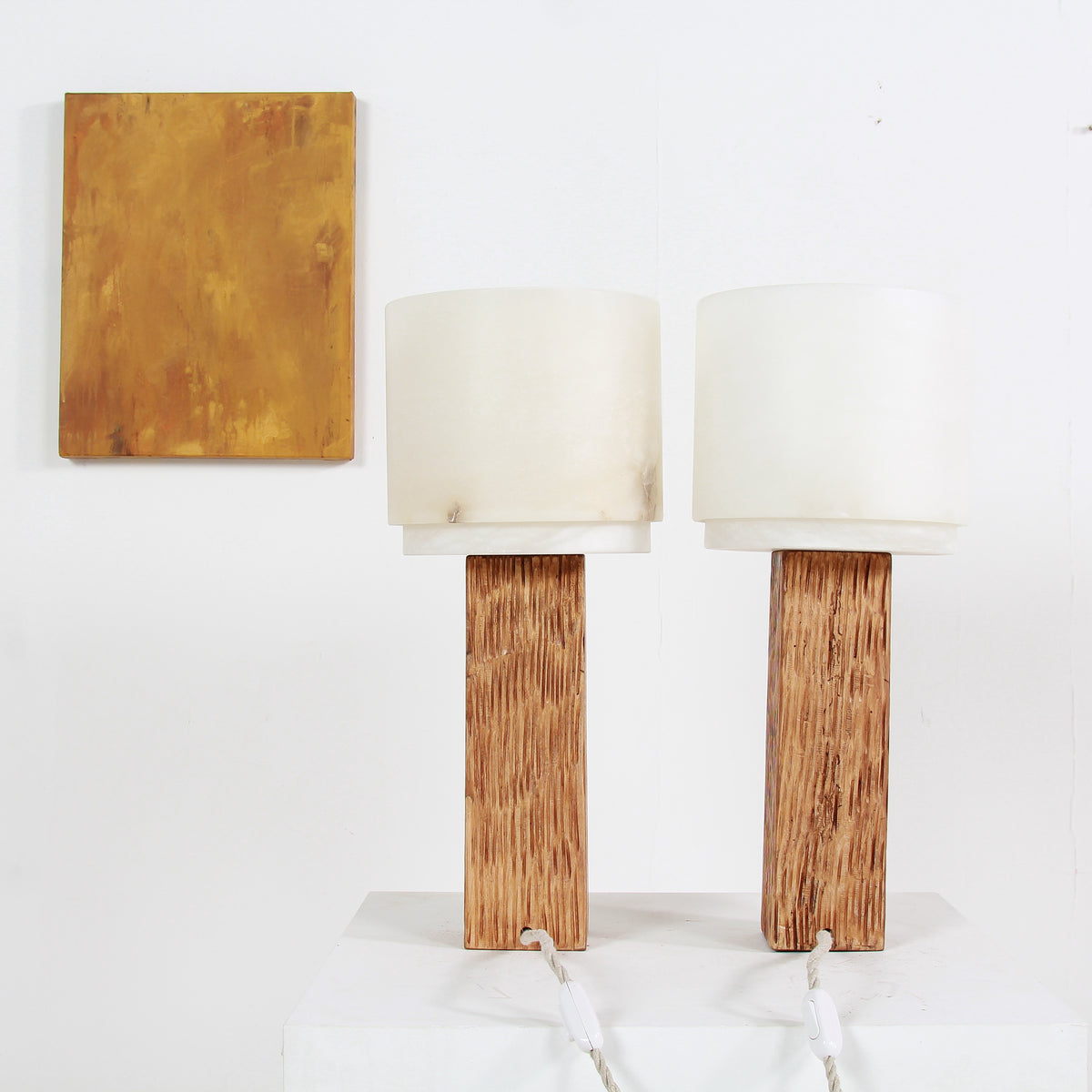 Spanish Modernist Designer Alabaster and Chesnut Table Lamps