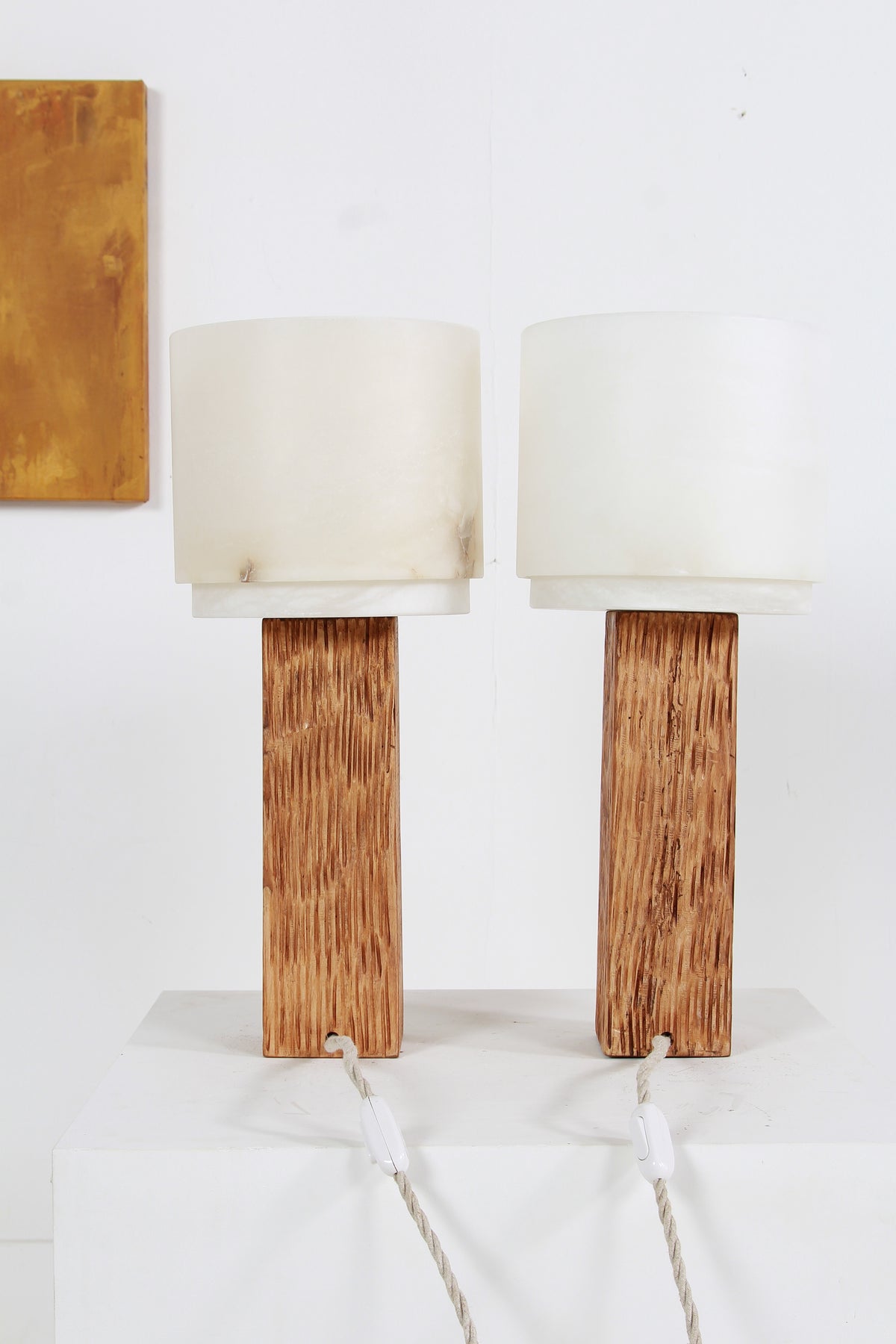 Spanish Modernist Designer Alabaster and Chesnut Table Lamps