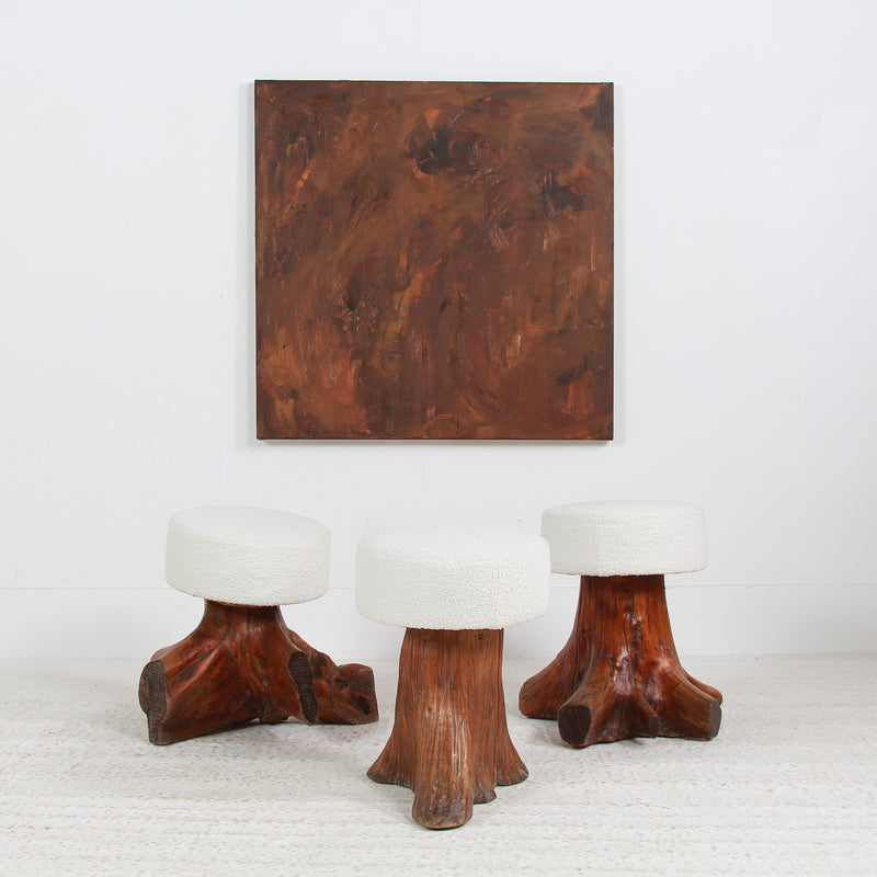 Collection of three GNARLY ELM TREE STUMP ROOT STOOLS IN BOUCLE