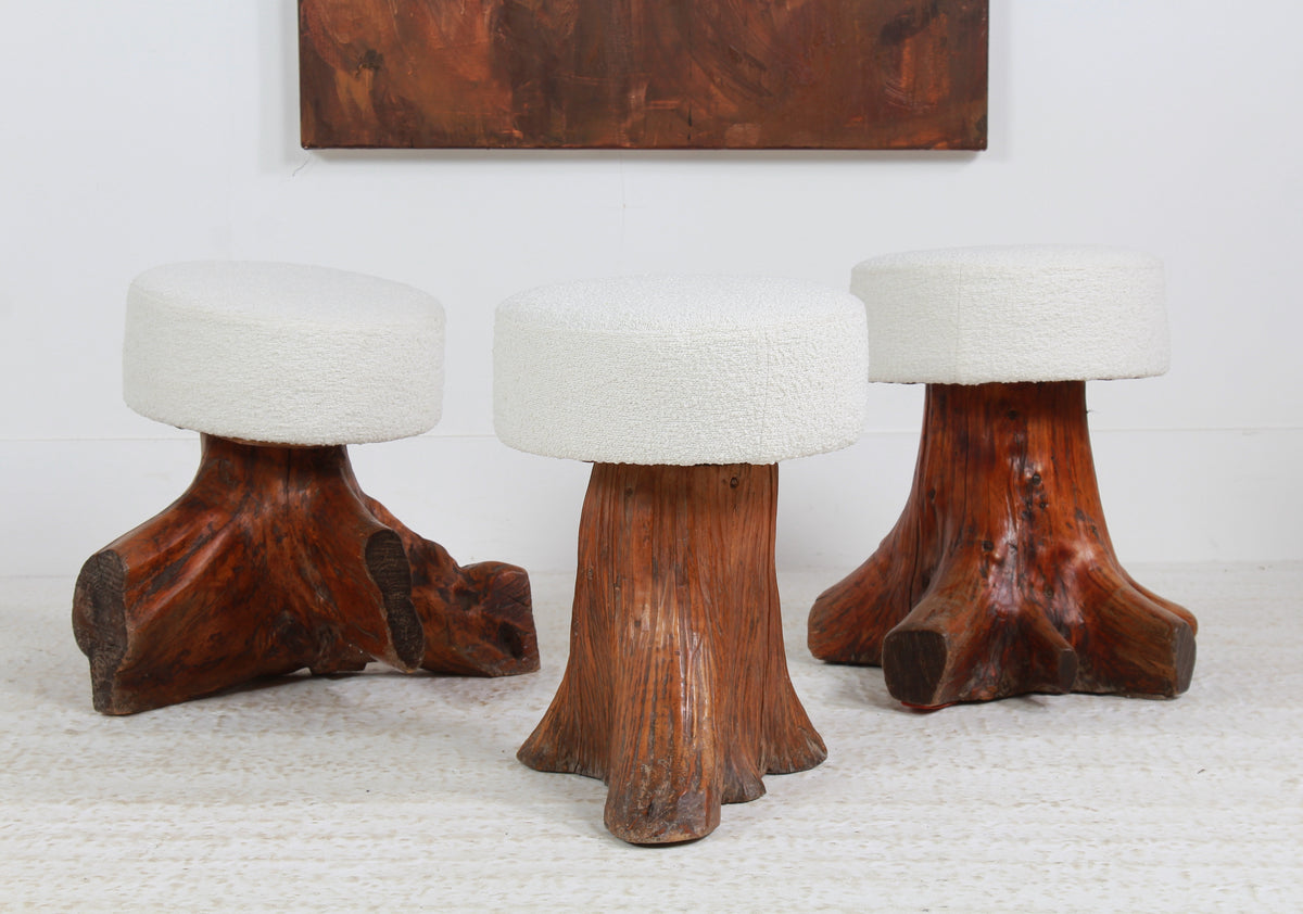 Collection of three GNARLY ELM TREE STUMP ROOT STOOLS IN BOUCLE