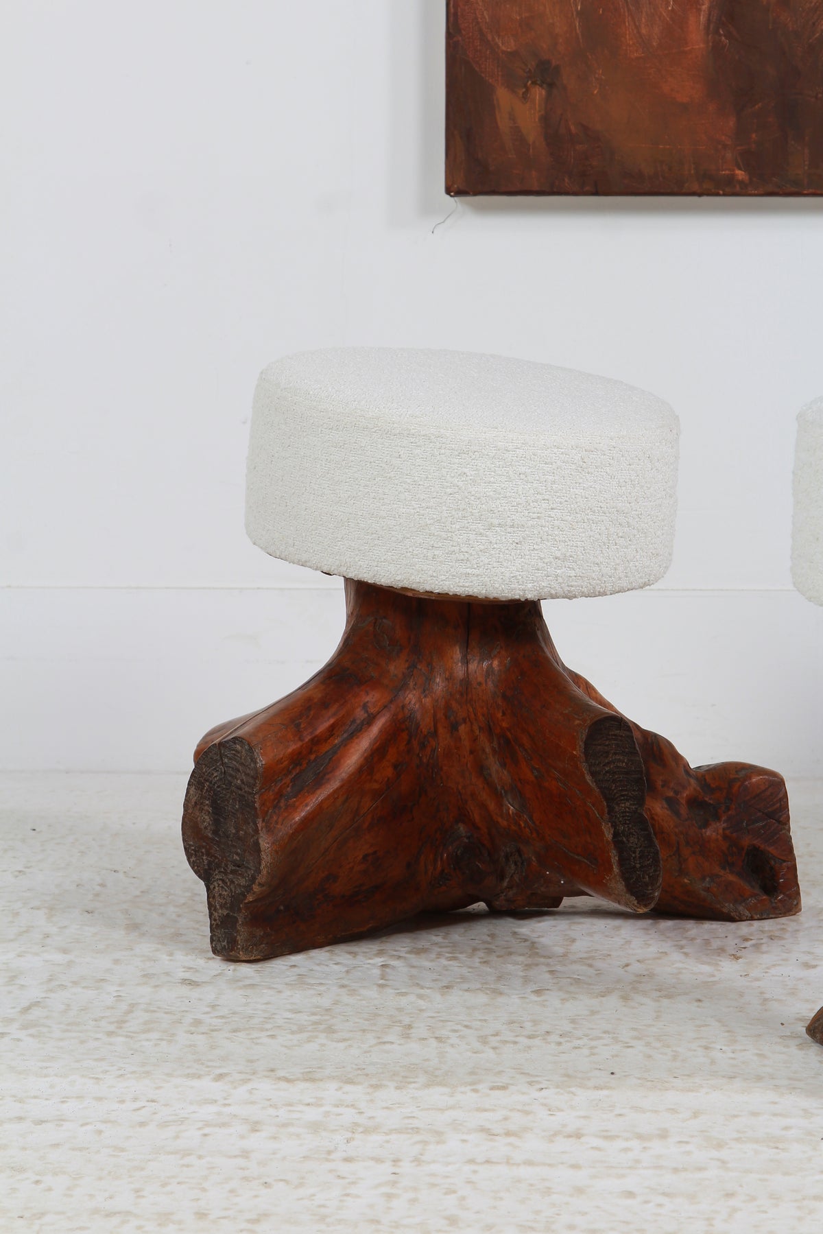 Collection of three GNARLY ELM TREE STUMP ROOT STOOLS IN BOUCLE