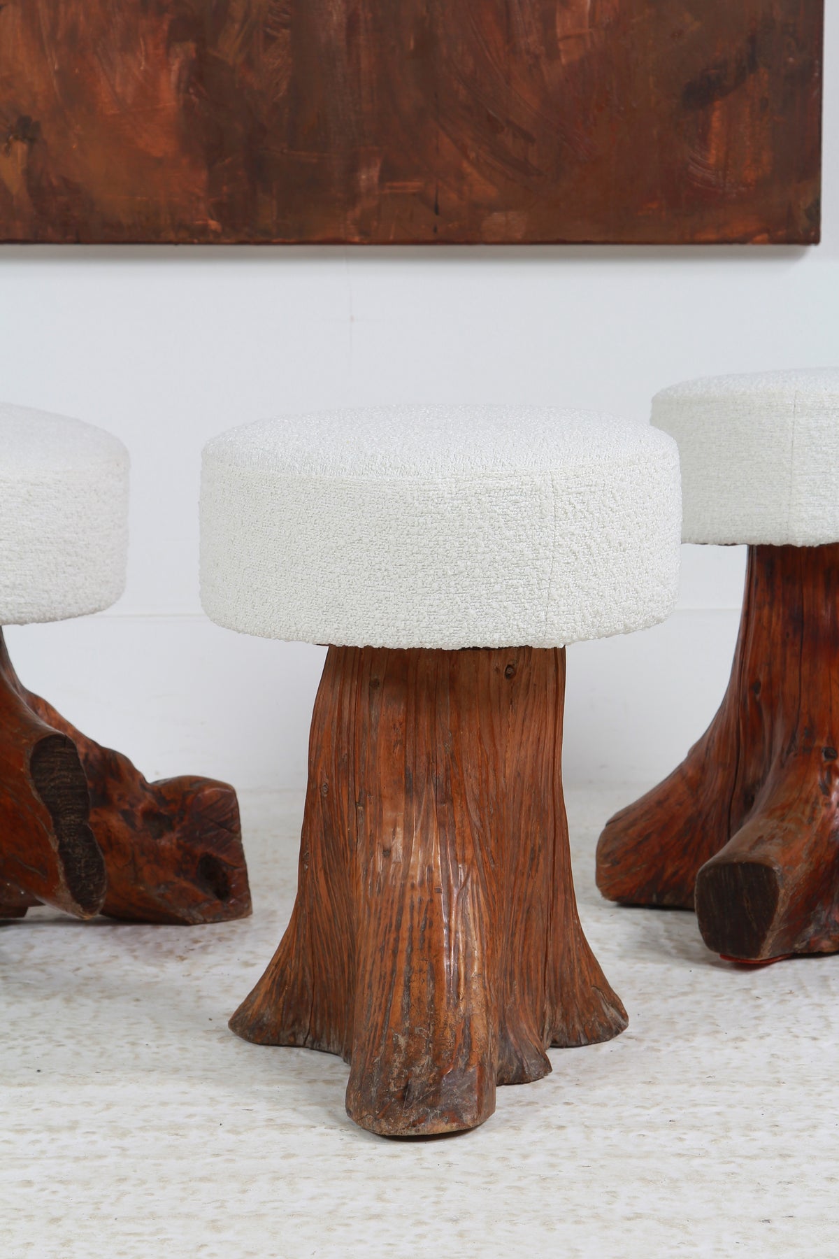 Collection of three GNARLY ELM TREE STUMP ROOT STOOLS IN BOUCLE