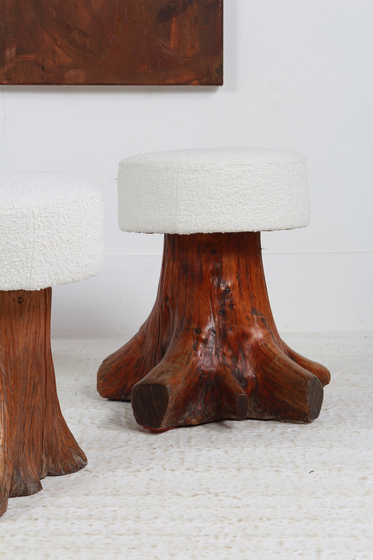 Collection of three GNARLY ELM TREE STUMP ROOT STOOLS IN BOUCLE