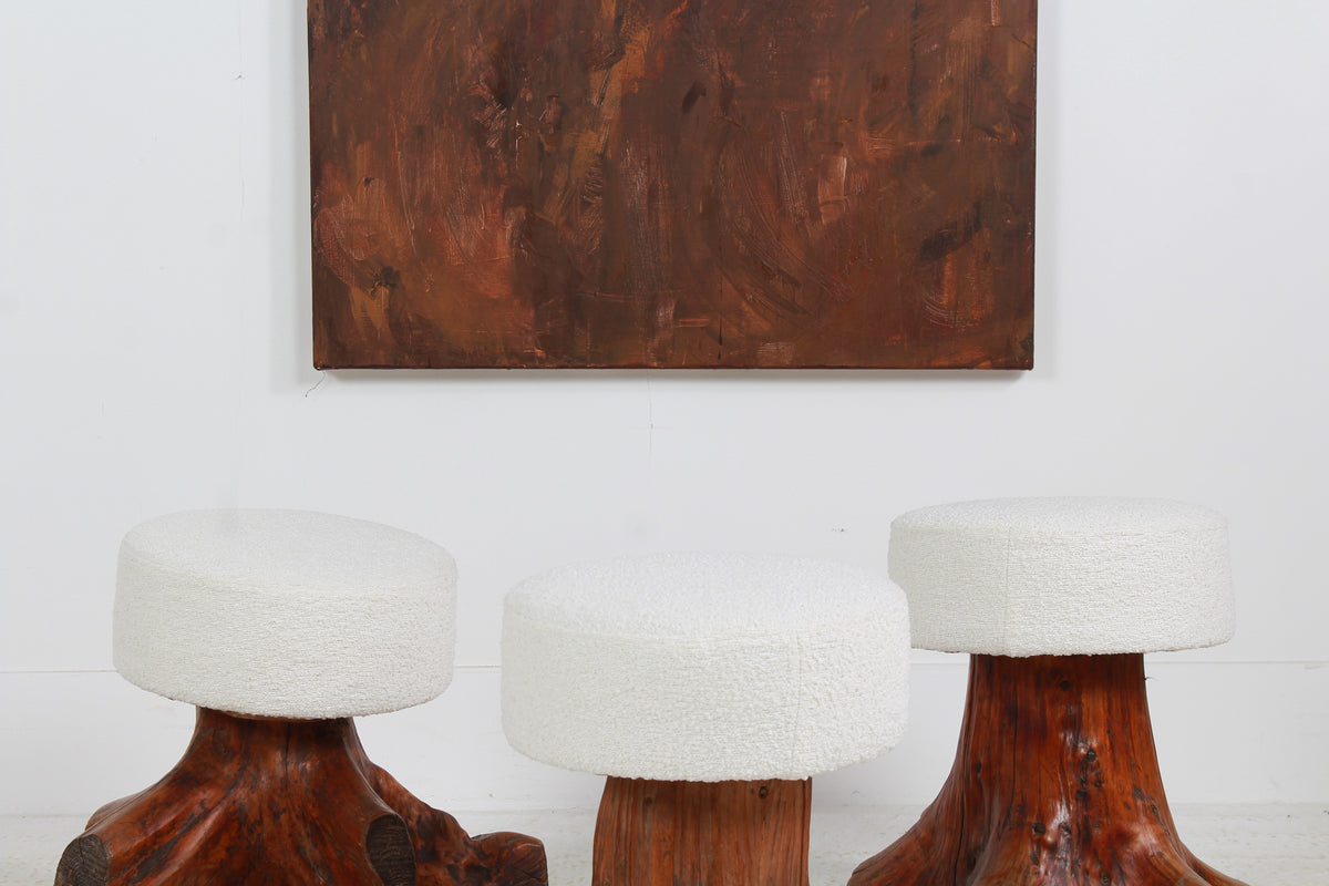 Collection of three GNARLY ELM TREE STUMP ROOT STOOLS IN BOUCLE