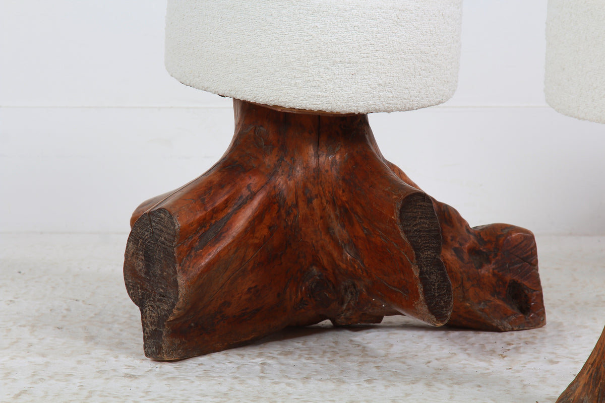 Collection of three GNARLY ELM TREE STUMP ROOT STOOLS IN BOUCLE