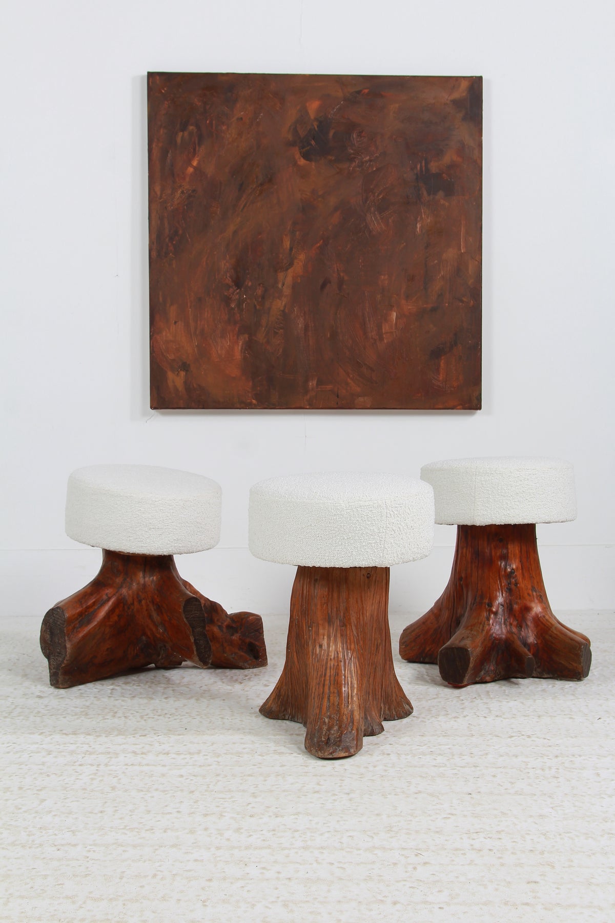 Collection of three GNARLY ELM TREE STUMP ROOT STOOLS IN BOUCLE