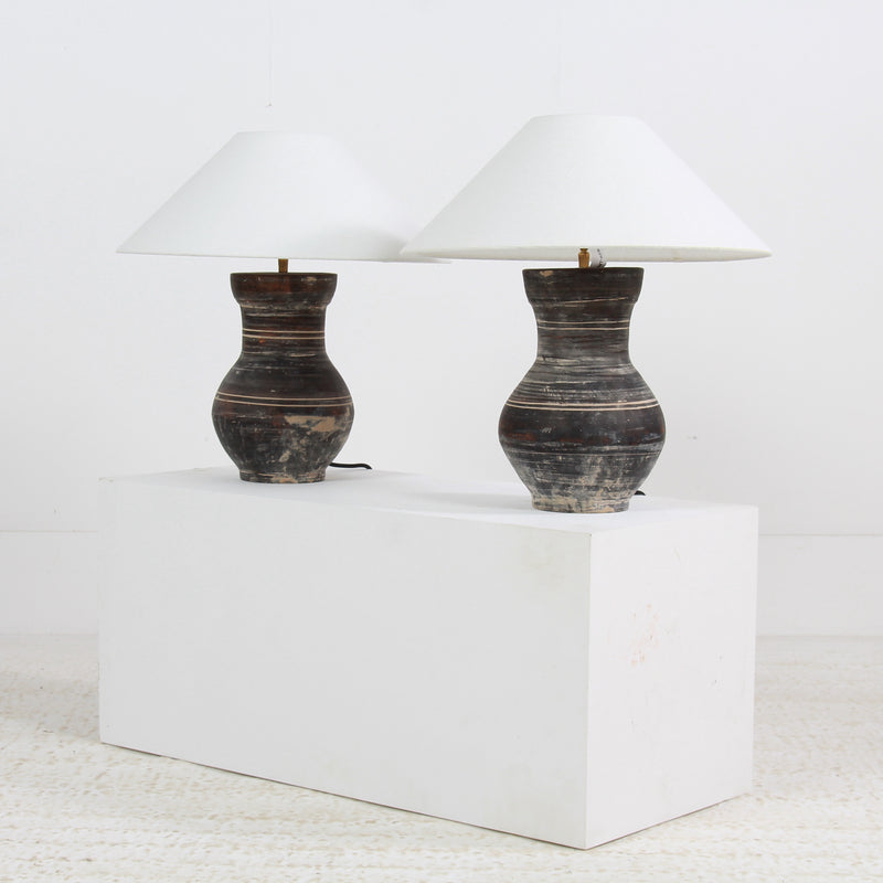 CHINESE HAN-STYLE TABLE LAMPS WITH HANDMADE BELGIAN WHITE LINEN SHADES