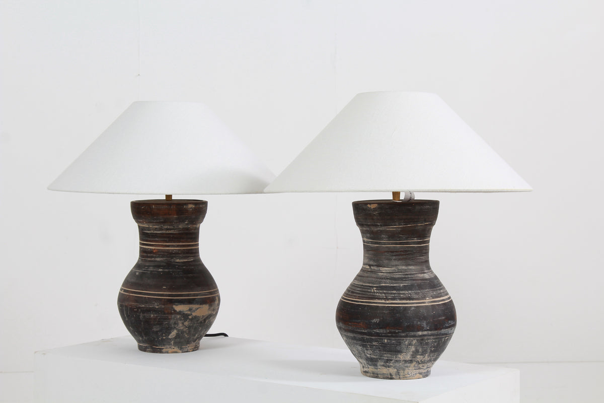 CHINESE HAN-STYLE TABLE LAMPS WITH HANDMADE BELGIAN WHITE LINEN SHADES