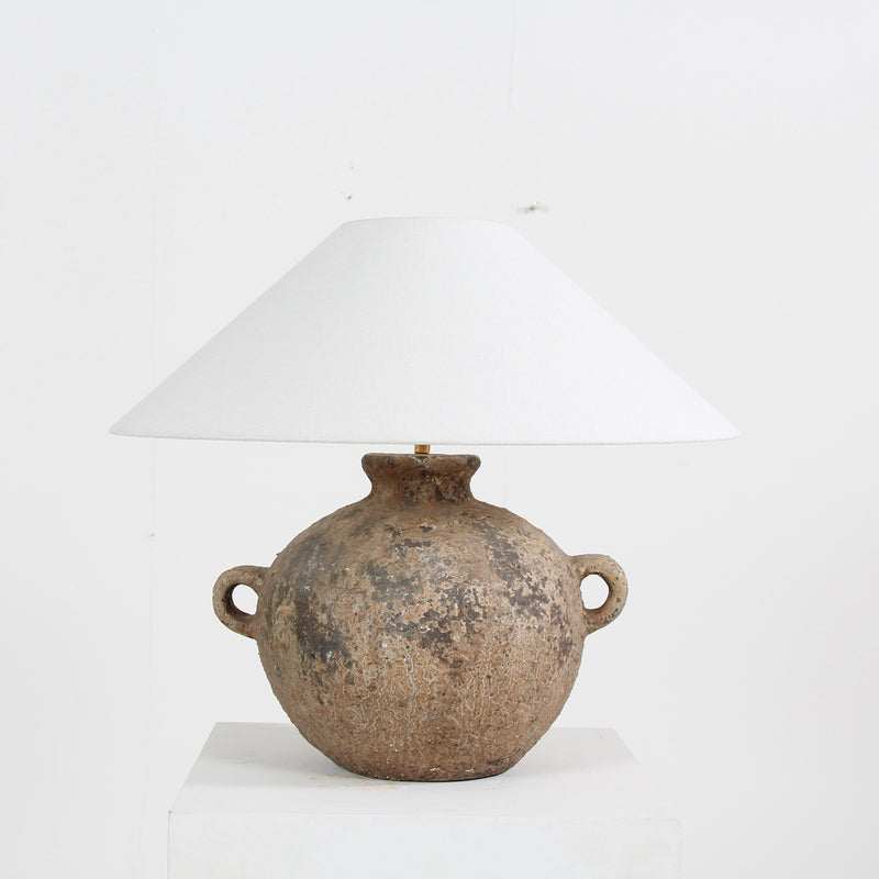 Handmade Earthenware Antiquated Patina  Table Lamp with White Linen Shade