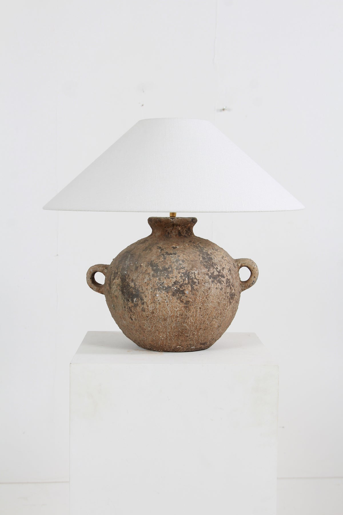 Handmade Earthenware Antiquated Patina  Table Lamp with White Linen Shade