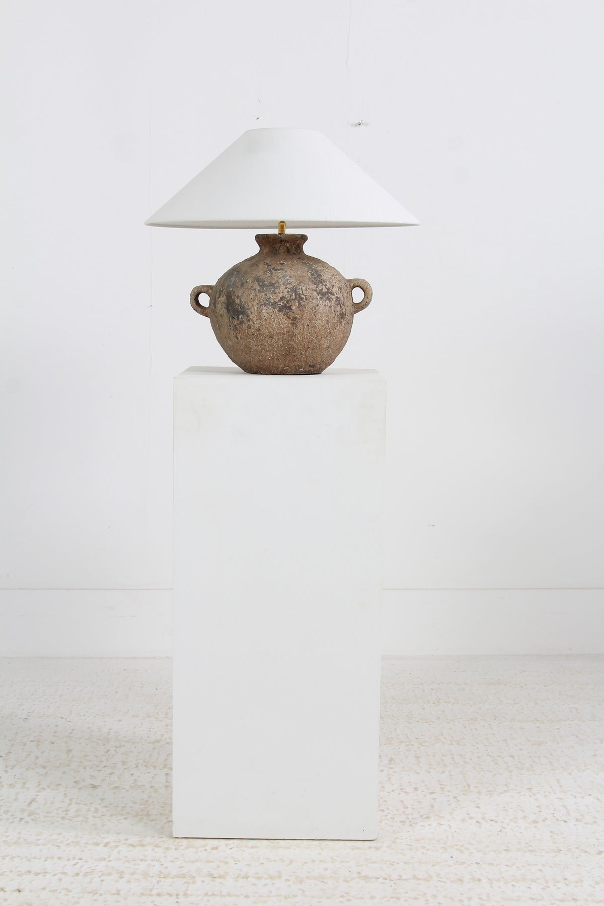 Handmade Earthenware Antiquated Patina  Table Lamp with White Linen Shade