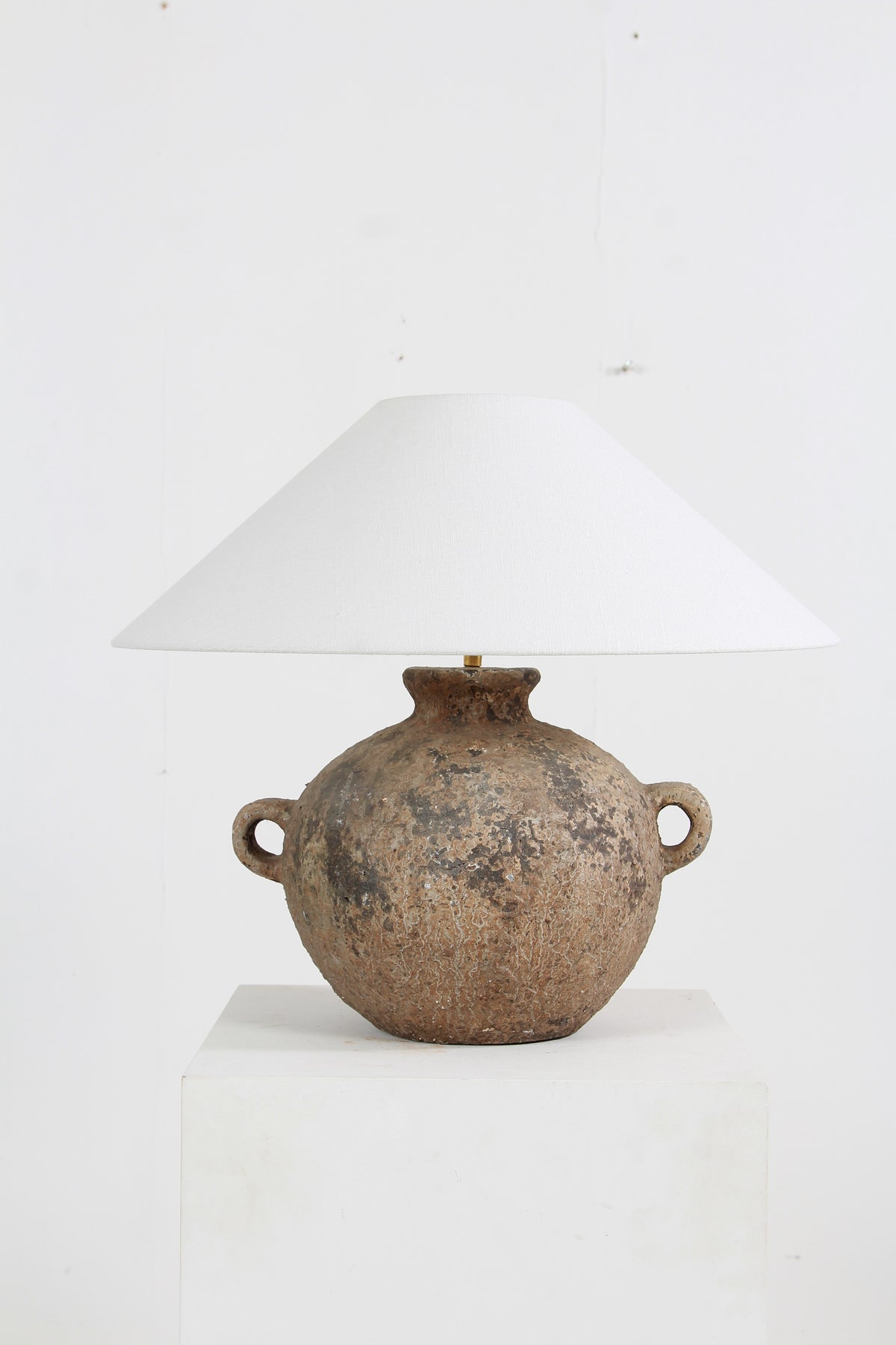 Handmade Earthenware Antiquated Patina  Table Lamp with White Linen Shade