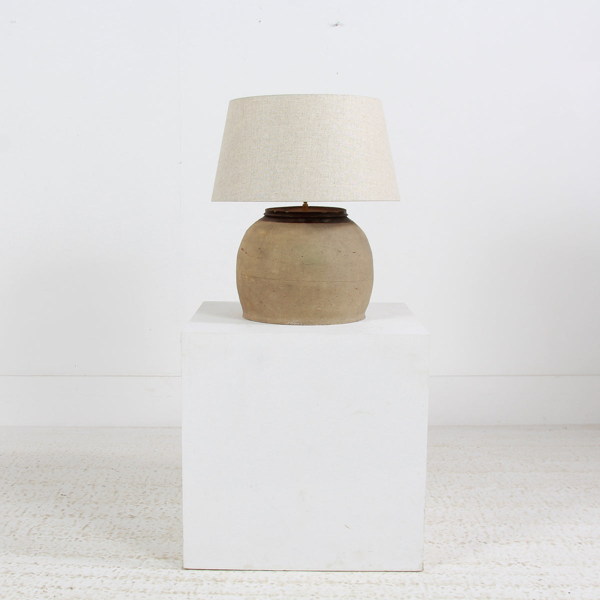 RUSTIC EARTHENWARE STORAGE POT TABLE LAMP WITH NATURAL LINEN SHADE