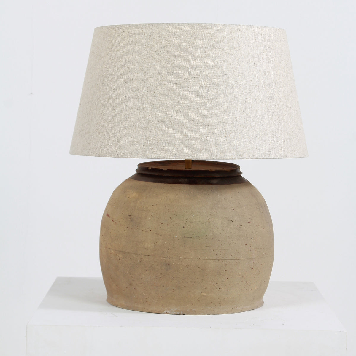 RUSTIC EARTHENWARE STORAGE POT TABLE LAMP WITH NATURAL LINEN SHADE