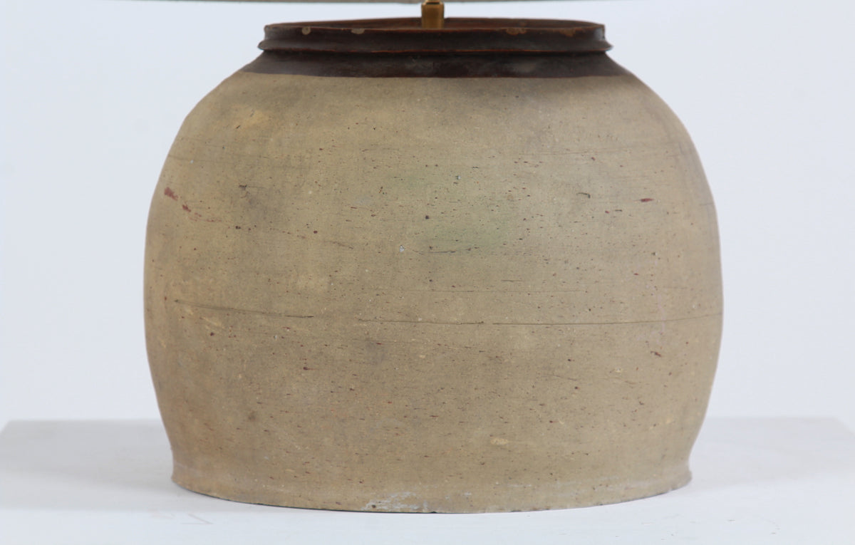 RUSTIC EARTHENWARE STORAGE POT TABLE LAMP WITH NATURAL LINEN SHADE