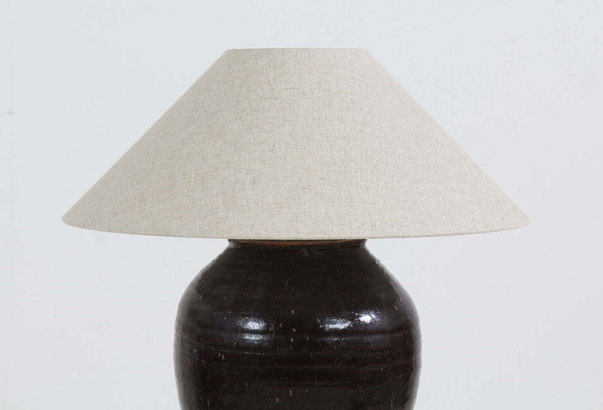 ANTIQUE CHINESE WATER POT LAMP WITH NATURAL BELGIUM NATURAL LINEN SHADE