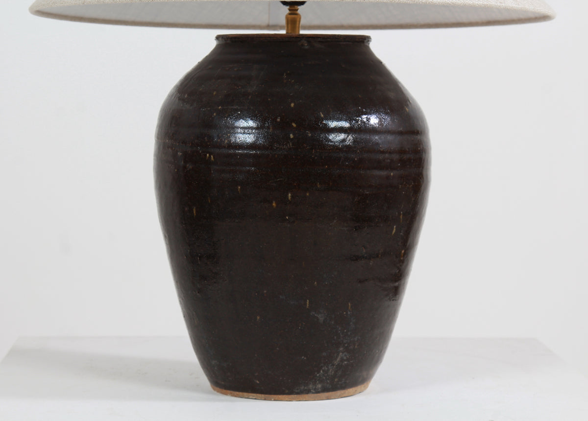 ANTIQUE CHINESE WATER POT LAMP WITH NATURAL BELGIUM NATURAL LINEN SHADE