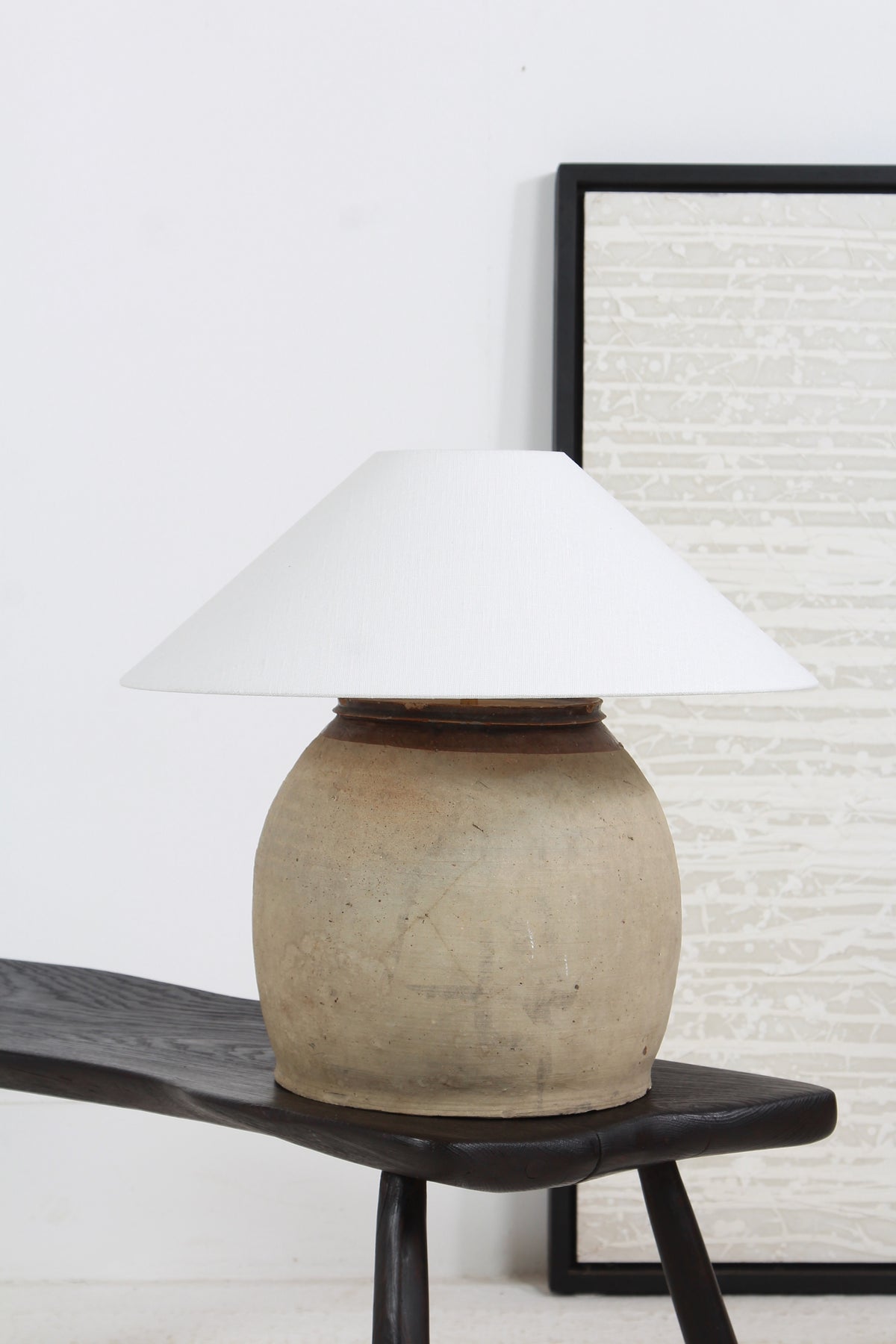 ORIGINAL EARTHENWARE STORAGE POT TABLE LAMP WITH WHITE LINEN SHADE