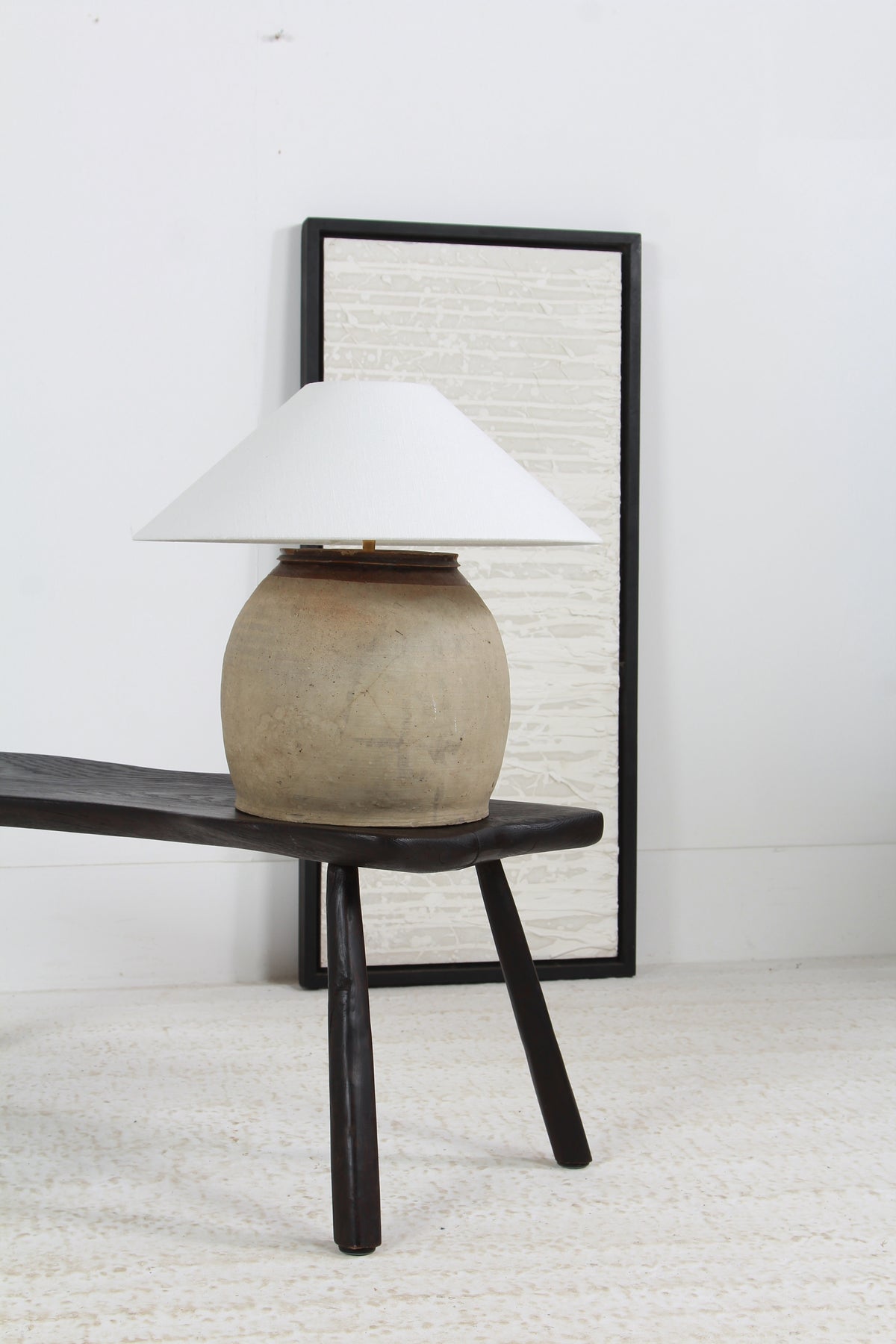 ORIGINAL EARTHENWARE STORAGE POT TABLE LAMP WITH WHITE LINEN SHADE