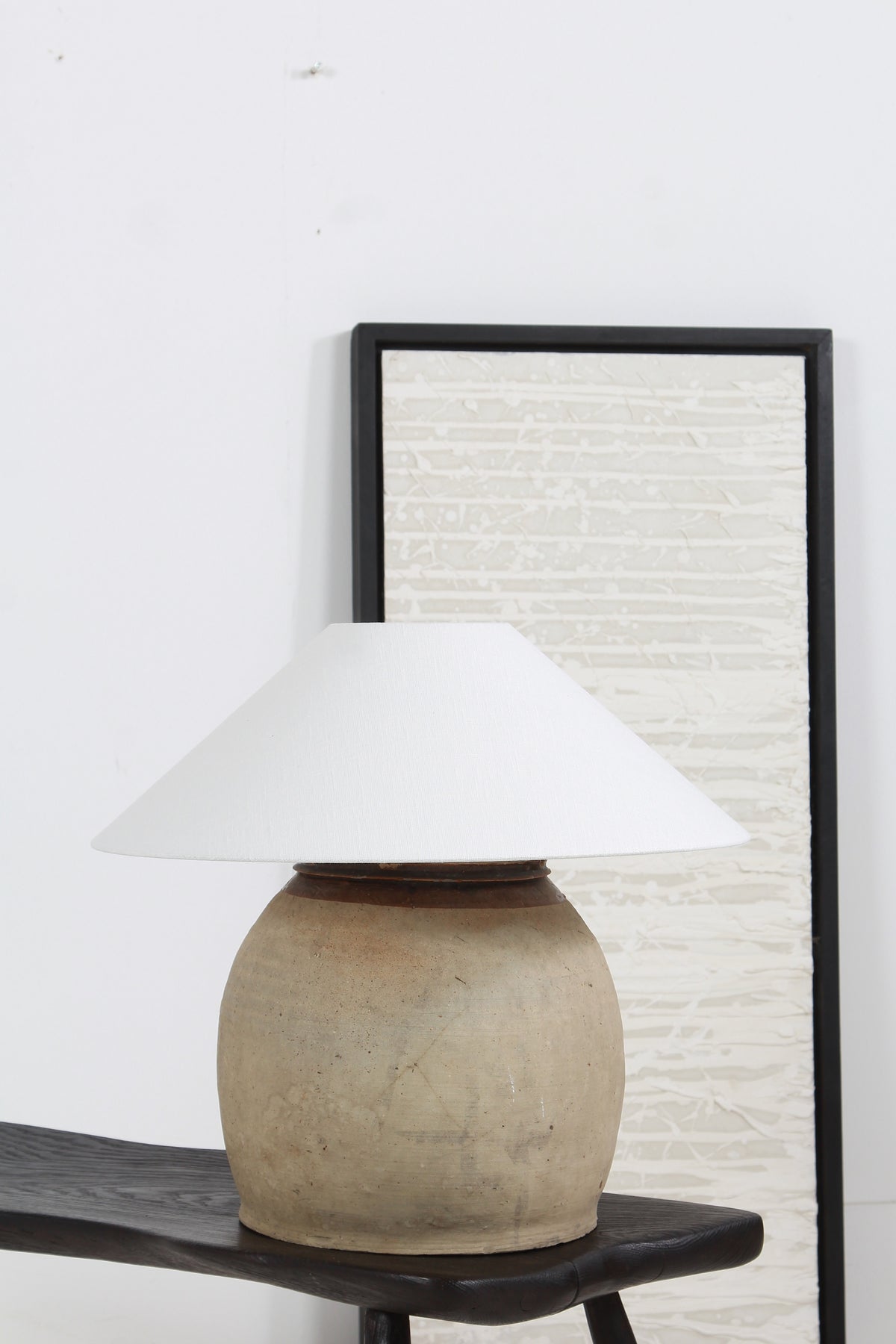 ORIGINAL EARTHENWARE STORAGE POT TABLE LAMP WITH WHITE LINEN SHADE