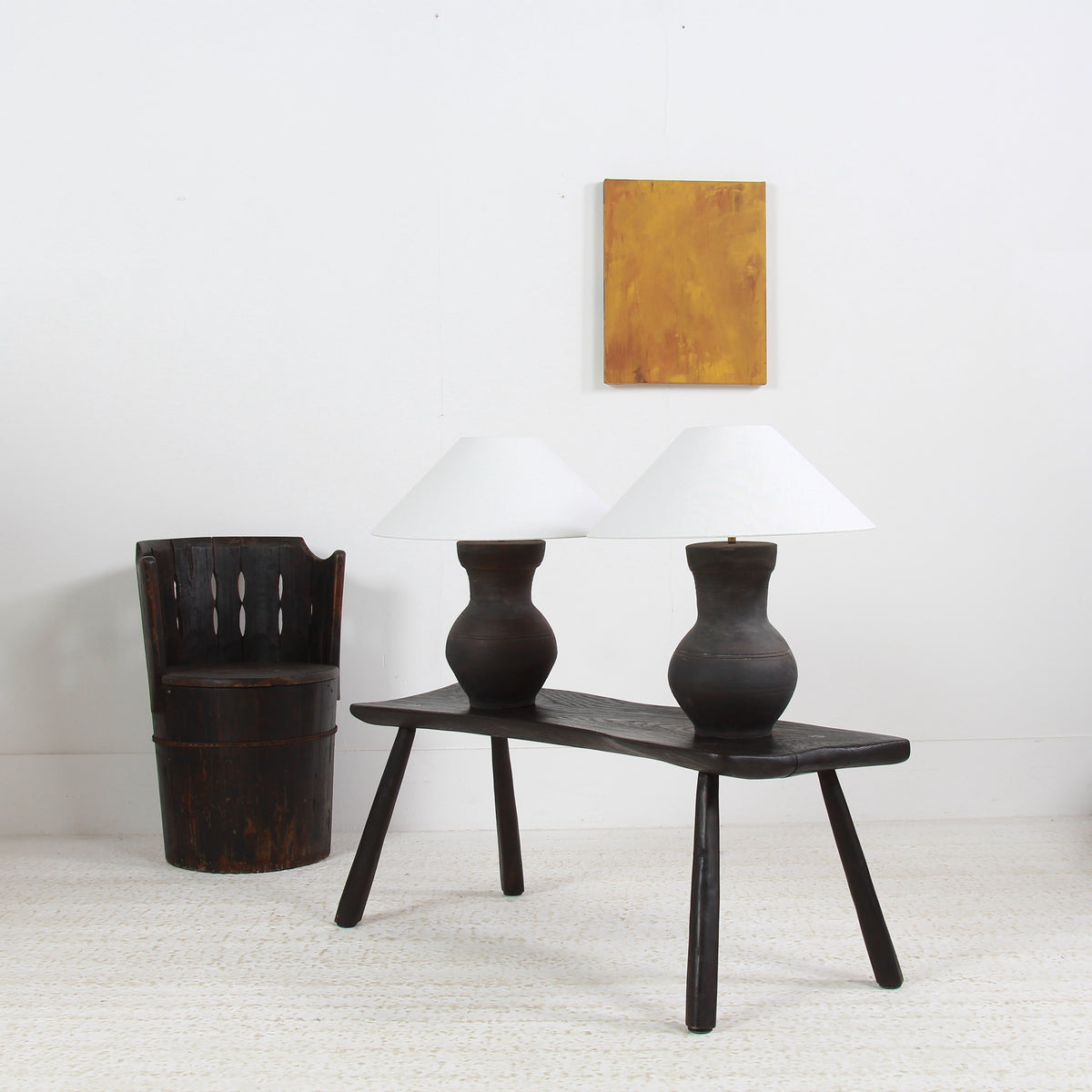 PAIR OF CHINESE HAN-STYLE TABLE LAMPS WITH HANDMADE BELGIAN WHITE LINEN SHADES