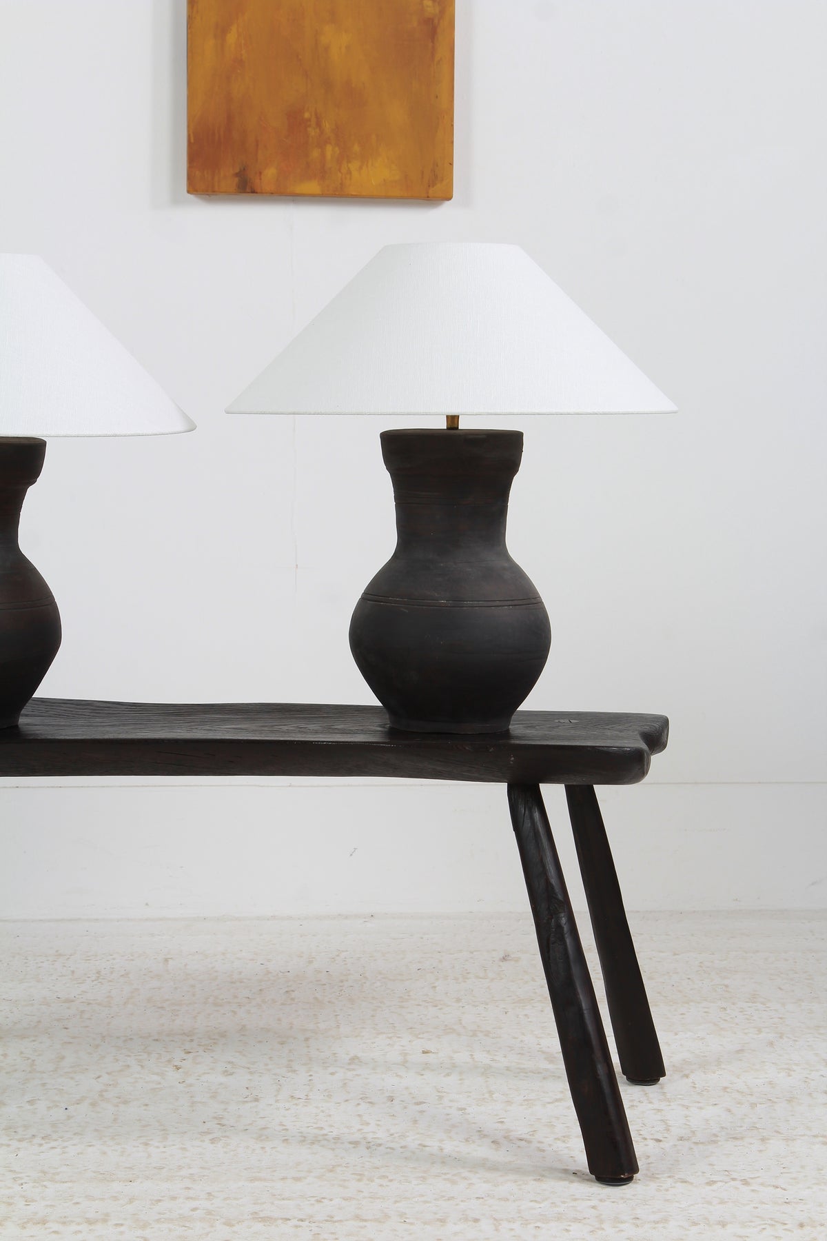 PAIR OF CHINESE HAN-STYLE TABLE LAMPS WITH HANDMADE BELGIAN WHITE LINEN SHADES