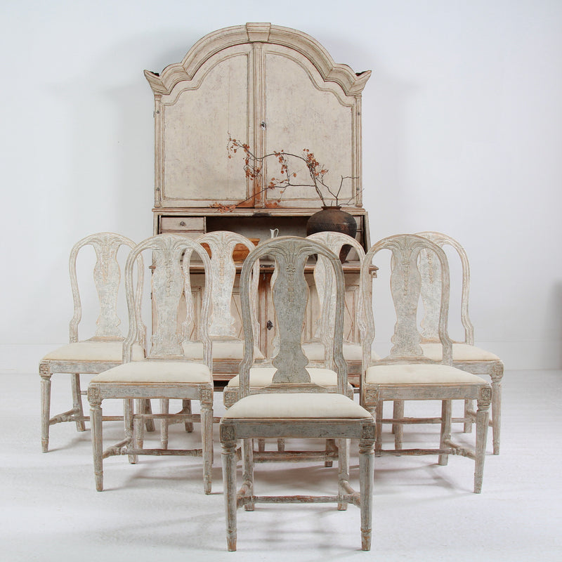 Set of Eight 18thC Swedish Gustavian Painted Oval Back Wheat Sheaf Chairs