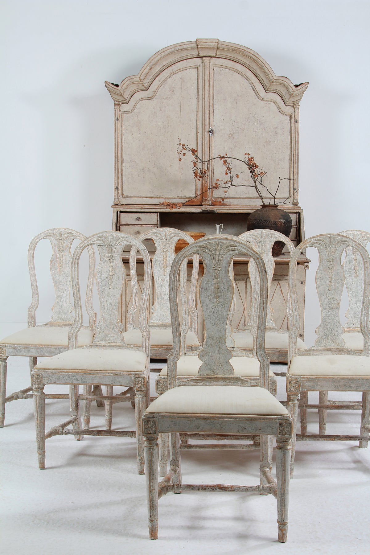 Set of Eight 18thC Swedish Gustavian Painted Oval Back Wheat Sheaf Chairs