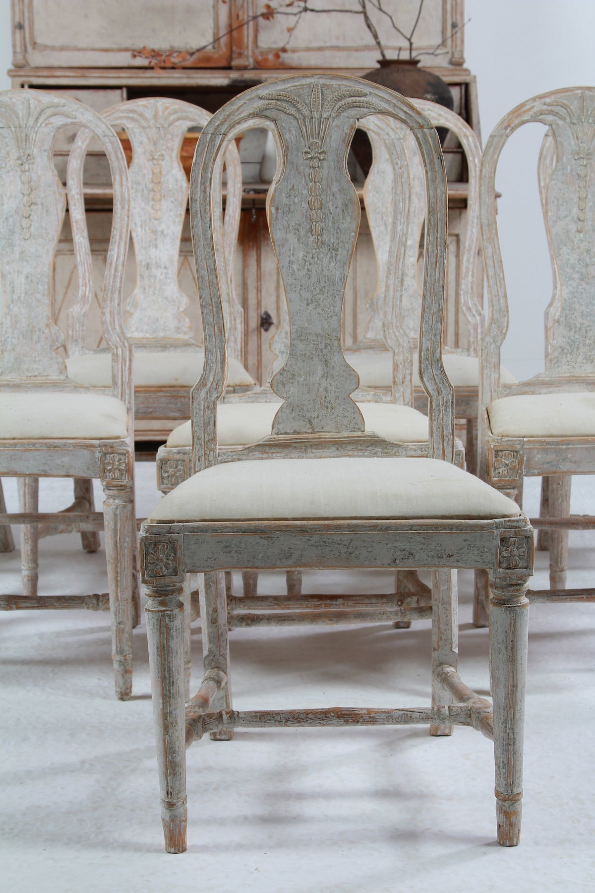 Set of Eight 18thC Swedish Gustavian Painted Oval Back Wheat Sheaf Chairs