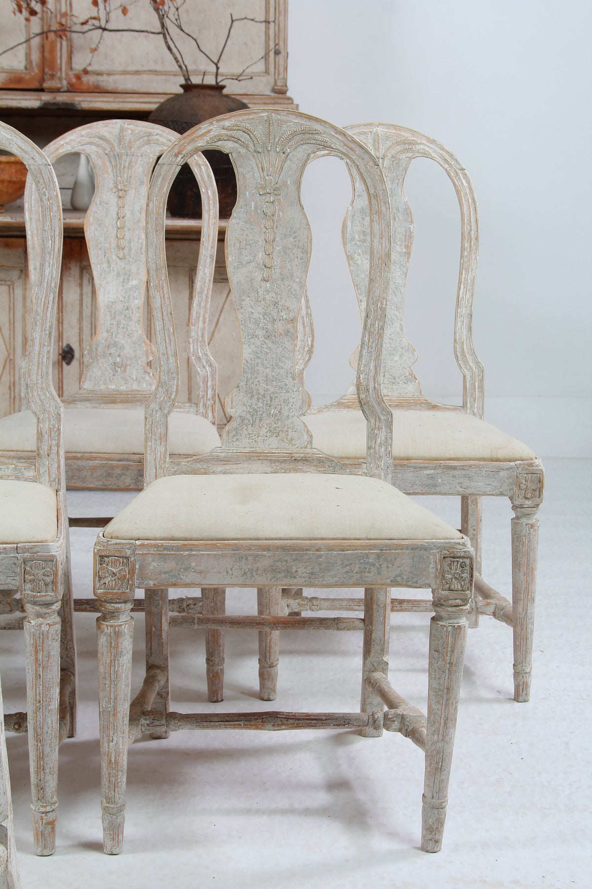 Set of Eight 18thC Swedish Gustavian Painted Oval Back Wheat Sheaf Chairs