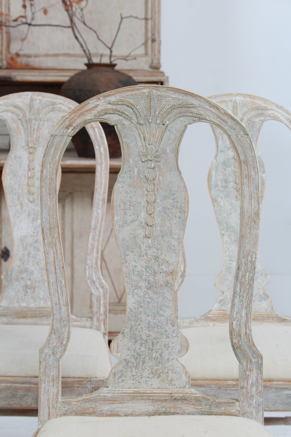 Set of Eight 18thC Swedish Gustavian Painted Oval Back Wheat Sheaf Chairs