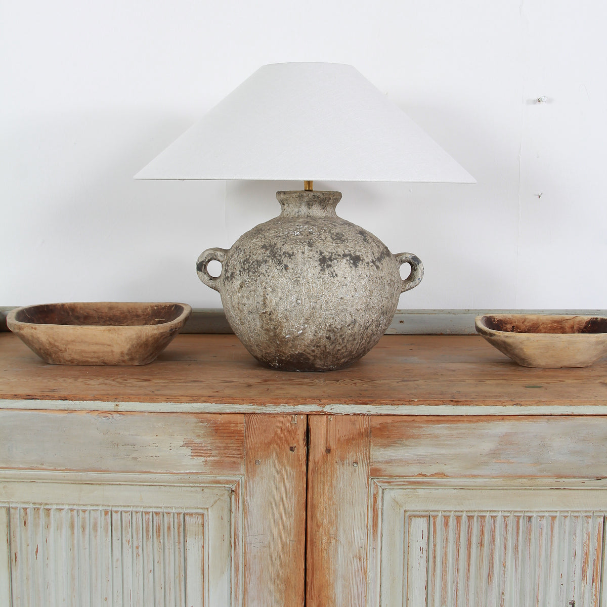 Earthenware Antiquated Patina Table Lamp with Off White Linen Shade