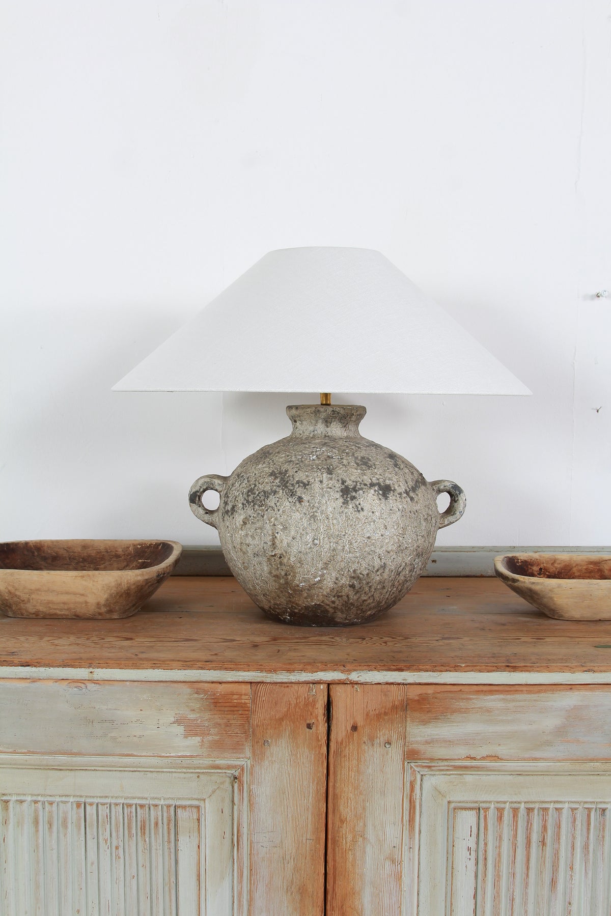 Earthenware Antiquated Patina Table Lamp with Off White Linen Shade