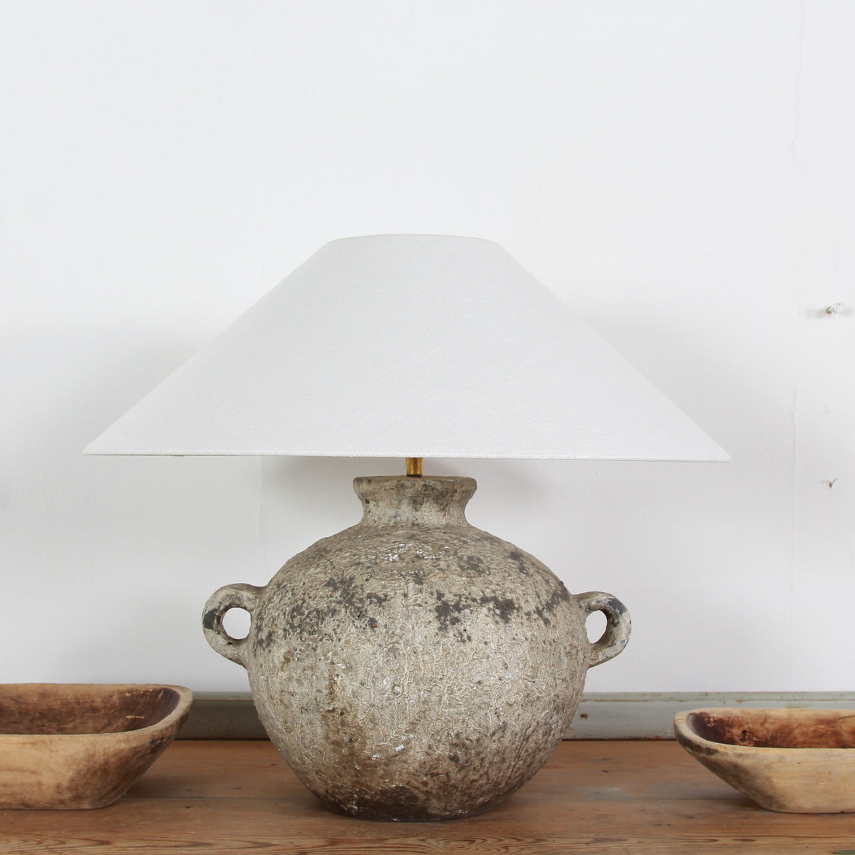 Earthenware Antiquated Patina Table Lamp with Off White Linen Shade