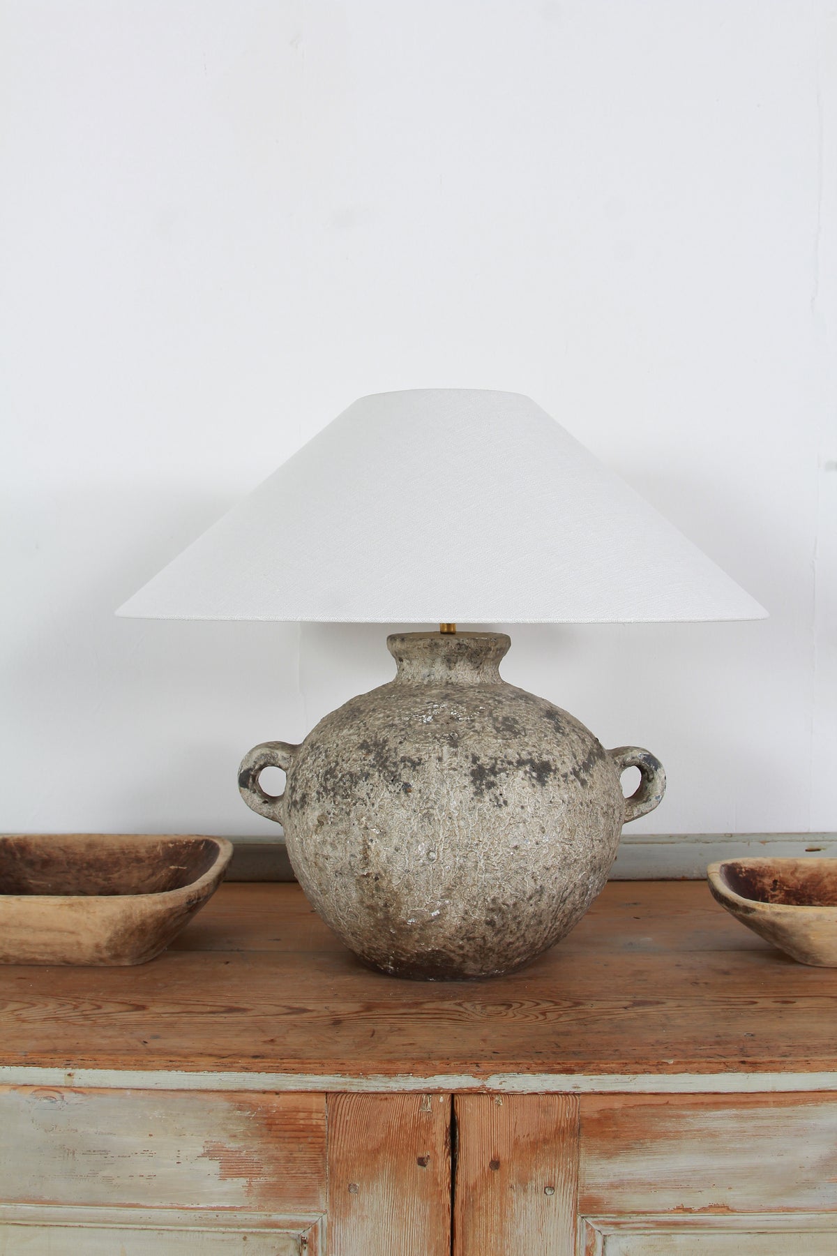 Earthenware Antiquated Patina Table Lamp with Off White Linen Shade