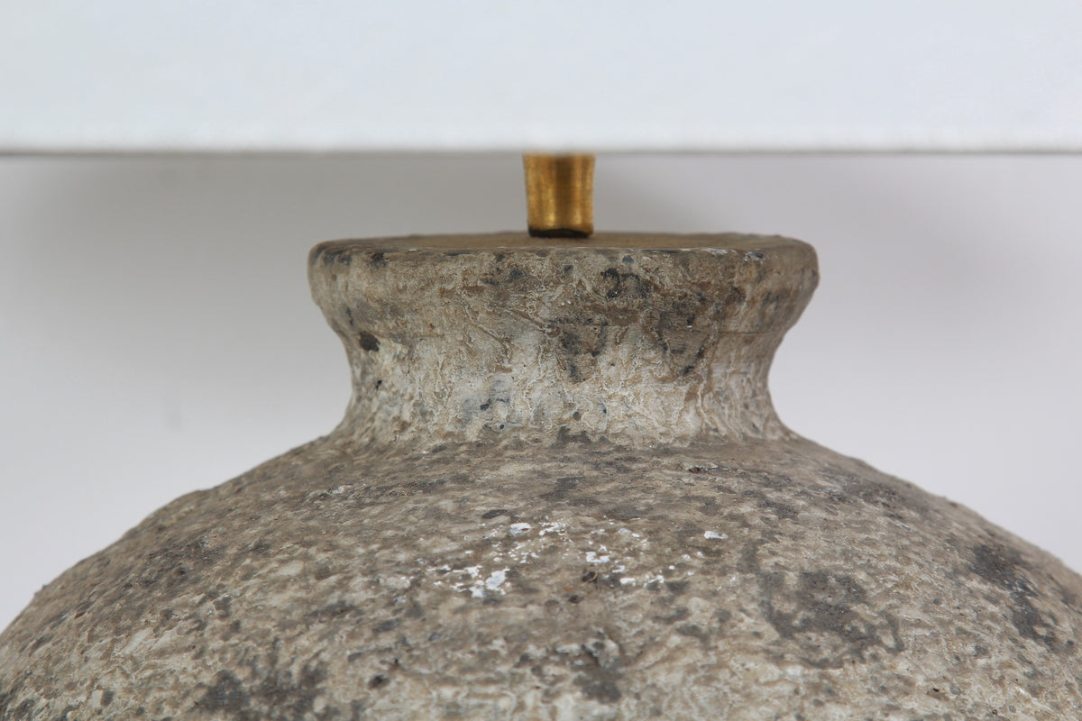 Earthenware Antiquated Patina Table Lamp with Off White Linen Shade