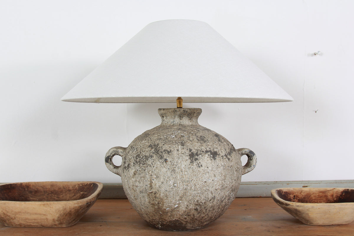 Earthenware Antiquated Patina Table Lamp with Off White Linen Shade