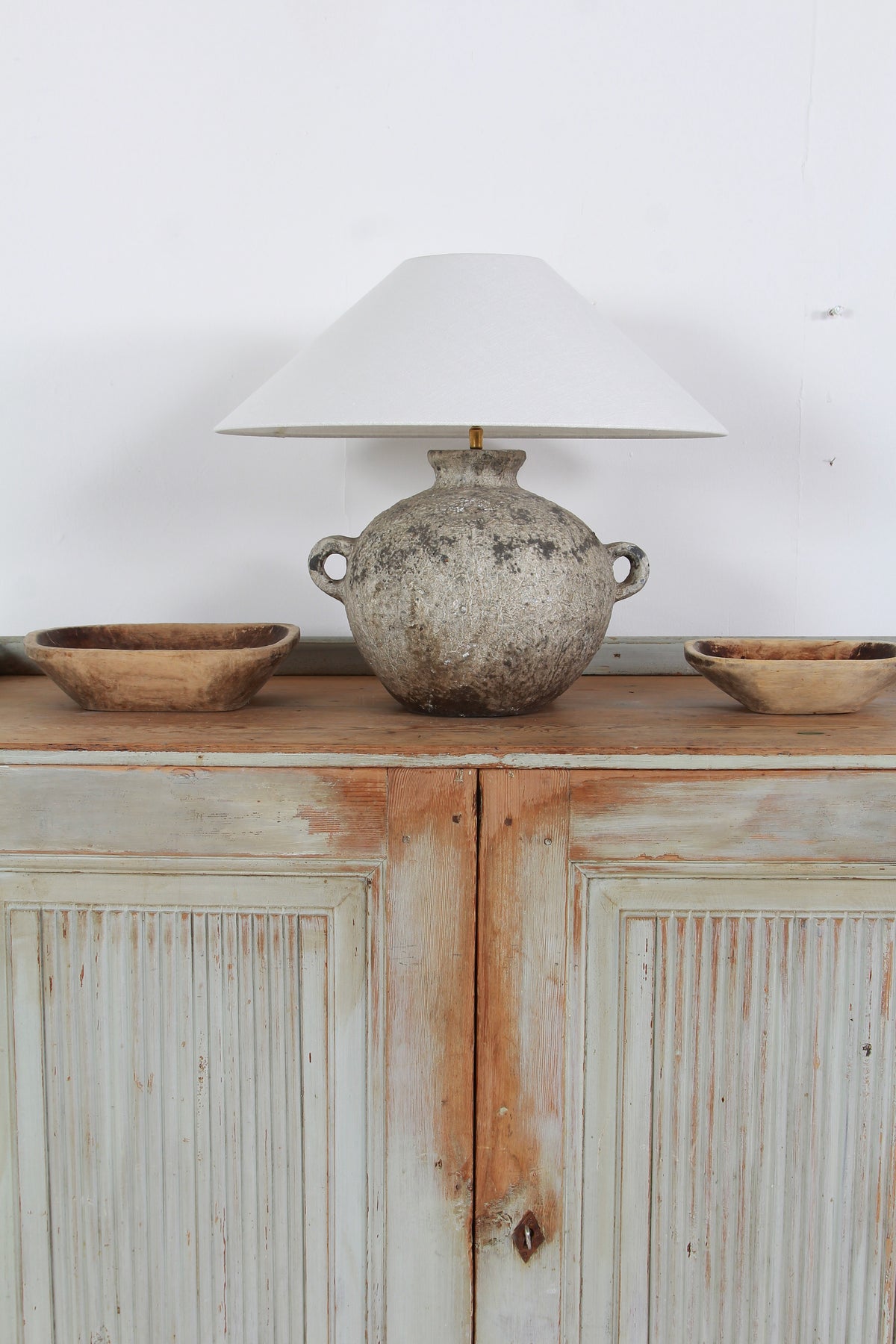 Earthenware Antiquated Patina Table Lamp with Off White Linen Shade