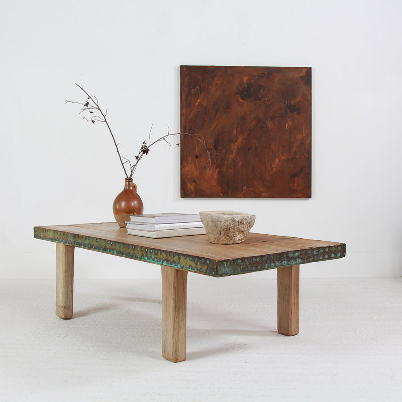 Large Brutalist Pine Coffee Table with Copper Trim