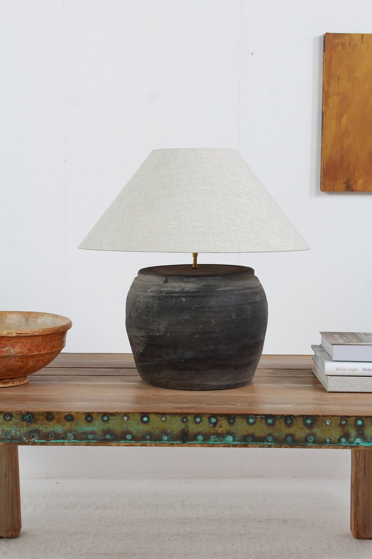 BLACK UNGLAZED TABLE LAMP WITH NATURAL LINEN EMPIRE SHADE