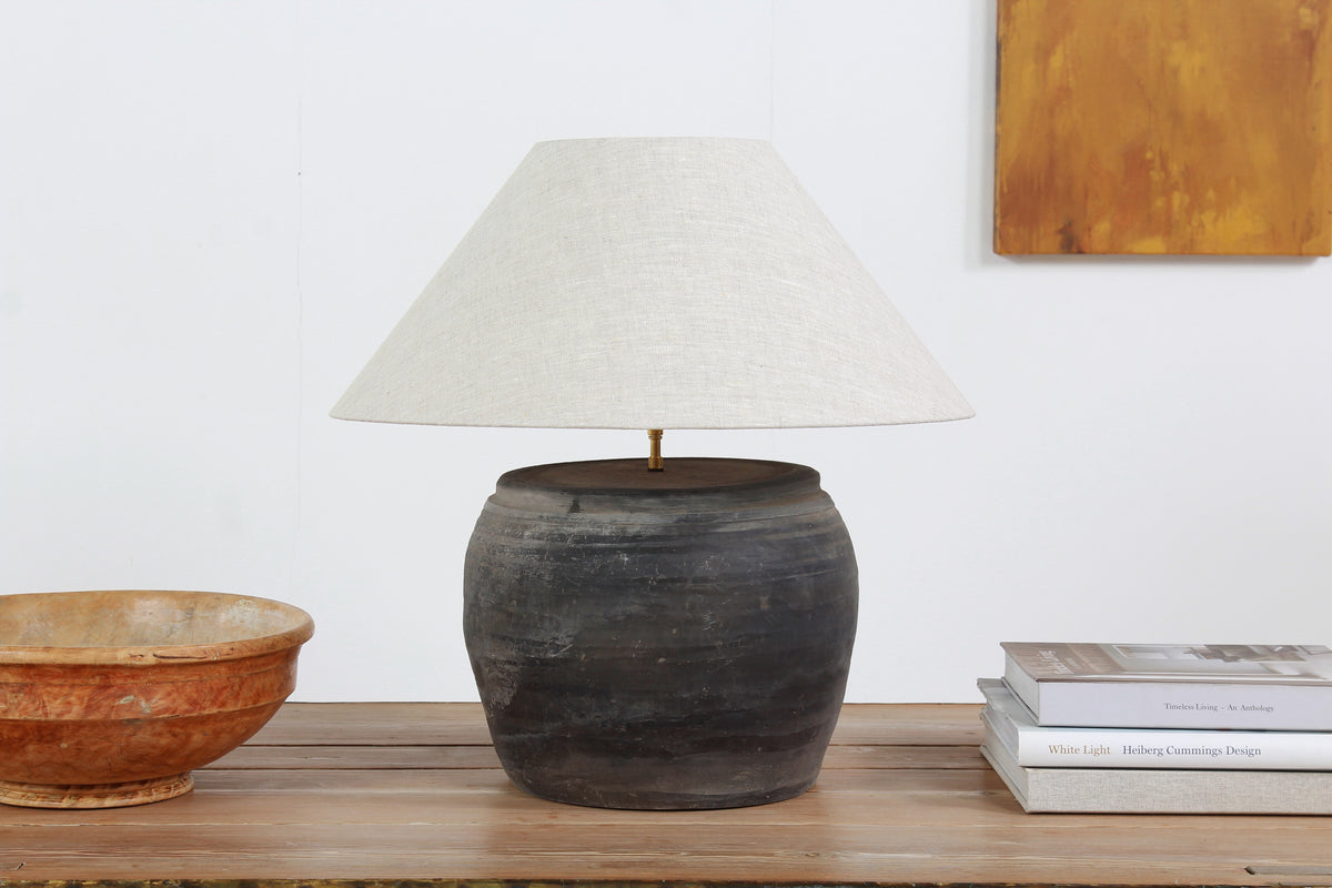 BLACK UNGLAZED TABLE LAMP WITH NATURAL LINEN EMPIRE SHADE