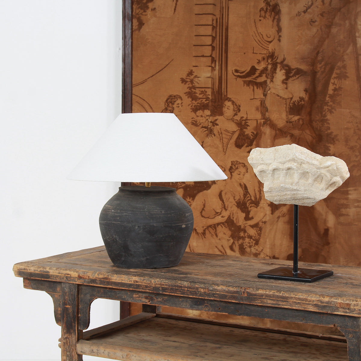 BLACK UNGLAZED POTTERY TABLE LAMP WITH WHITE EMPIRE LINEN SHADE