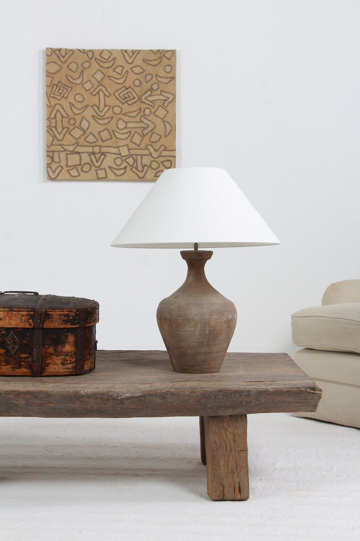 CHINESE TERRACOTTA UNGLAZED VASE LAMP WITH EMPIRE OFF WHITE LINEN SHADE