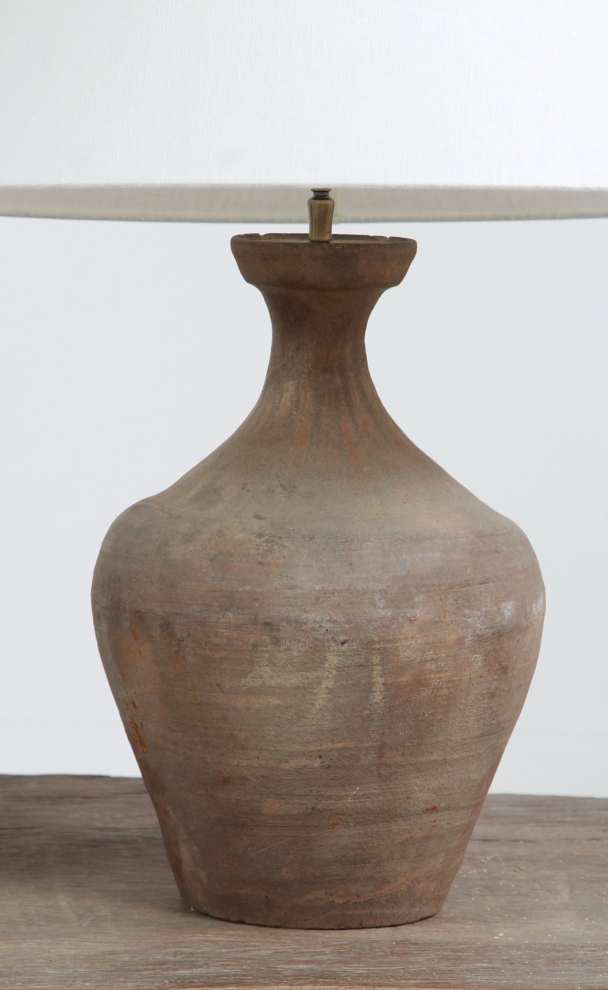 CHINESE TERRACOTTA UNGLAZED VASE LAMP WITH EMPIRE OFF WHITE LINEN SHADE