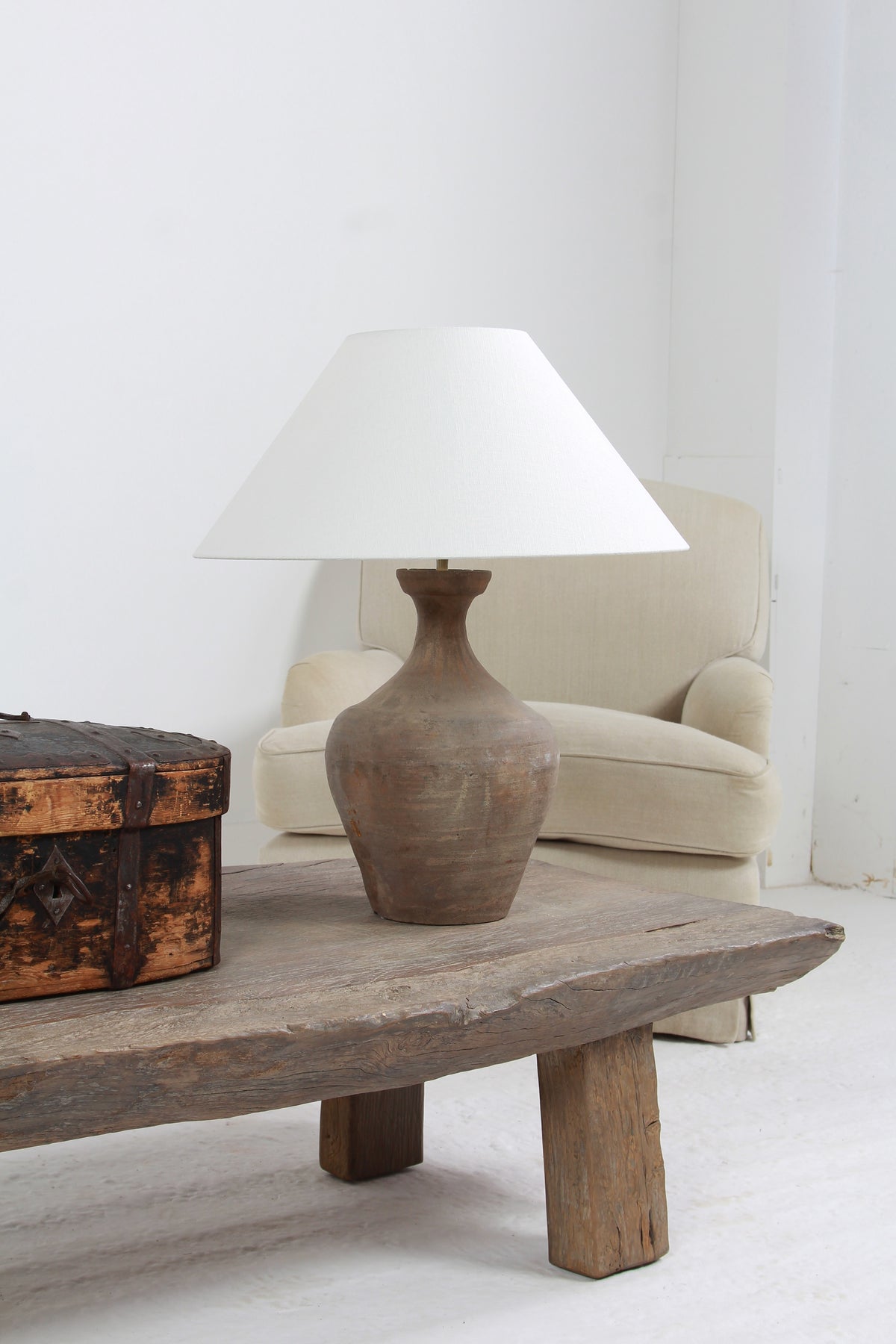CHINESE TERRACOTTA UNGLAZED VASE LAMP WITH EMPIRE OFF WHITE LINEN SHADE