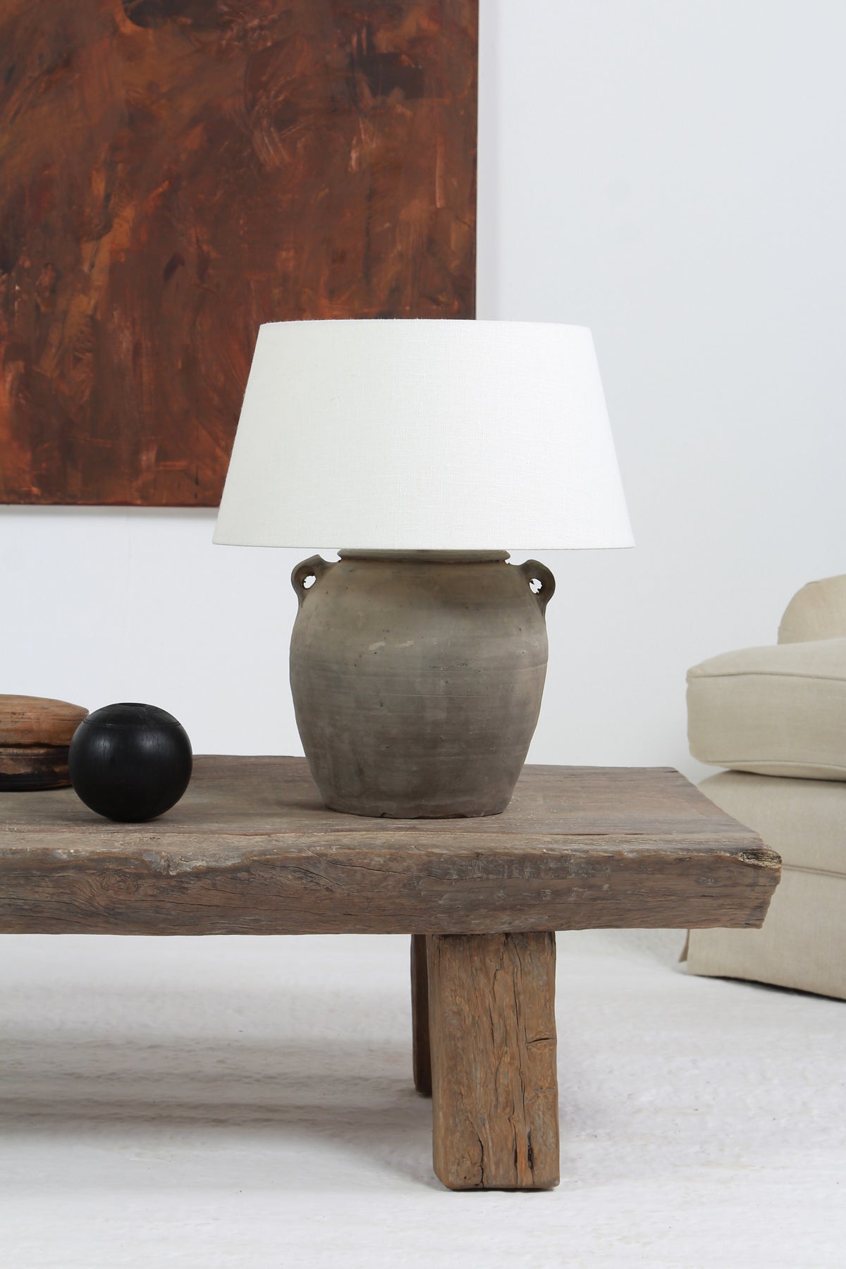 AUTHENTIC CHINESE TABLE LAMP WITH BELGIAN WHITE LINEN SHADE EX DISPLAY