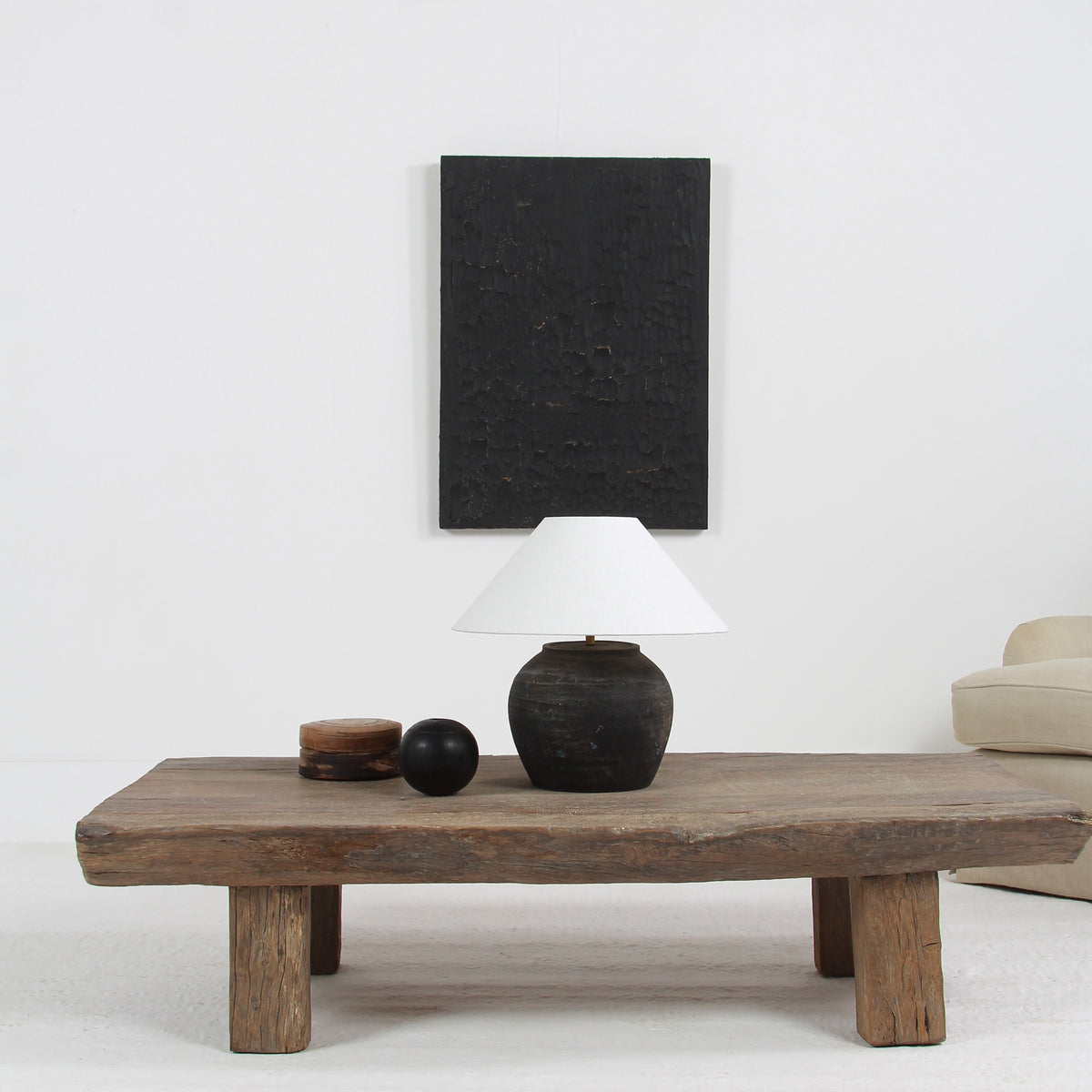 BLACK UNGLAZED POTTERY TABLE LAMP WITH WHITE EMPIRE LINEN SHADE